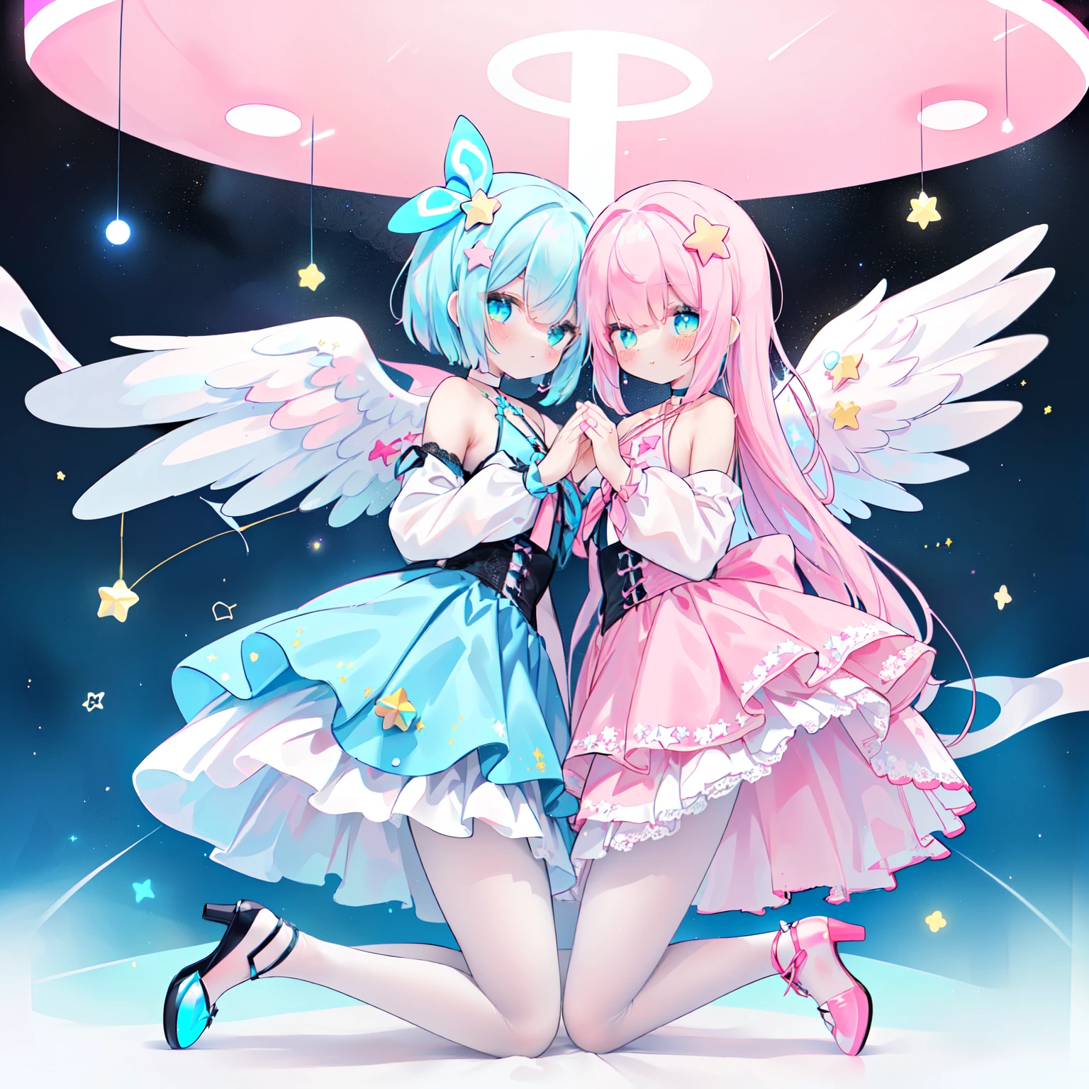 smile:1.3,clear white skin,Yumekawa、 (pastel-pink and white theme:1.4), (cute magical girl costume:1.2), ((tone on tone, white and pastel-pink girly dress with plenty of lace and tulle):1.2), (cross halter pastel-pink bustier with lace-up:1.4), (bare shoulders:1.3), (big ribbon on front:1.3), (layered tulle skirt with ruffles:1.4), (sheer white lace long sleeves:1.4), (pastel-pink choker:1.3), (symmetrical white angel wings:1.4), (white pantyhose with countless ribbon decorations:1.3), (pastel-pink pumps with heels:1.2), (white glowing halo:1.3), (whtie (star-shaped, star-symbol) bioluminescence glow LED-light on hair:1.4),Butterfly Dancing Flowerly Blade