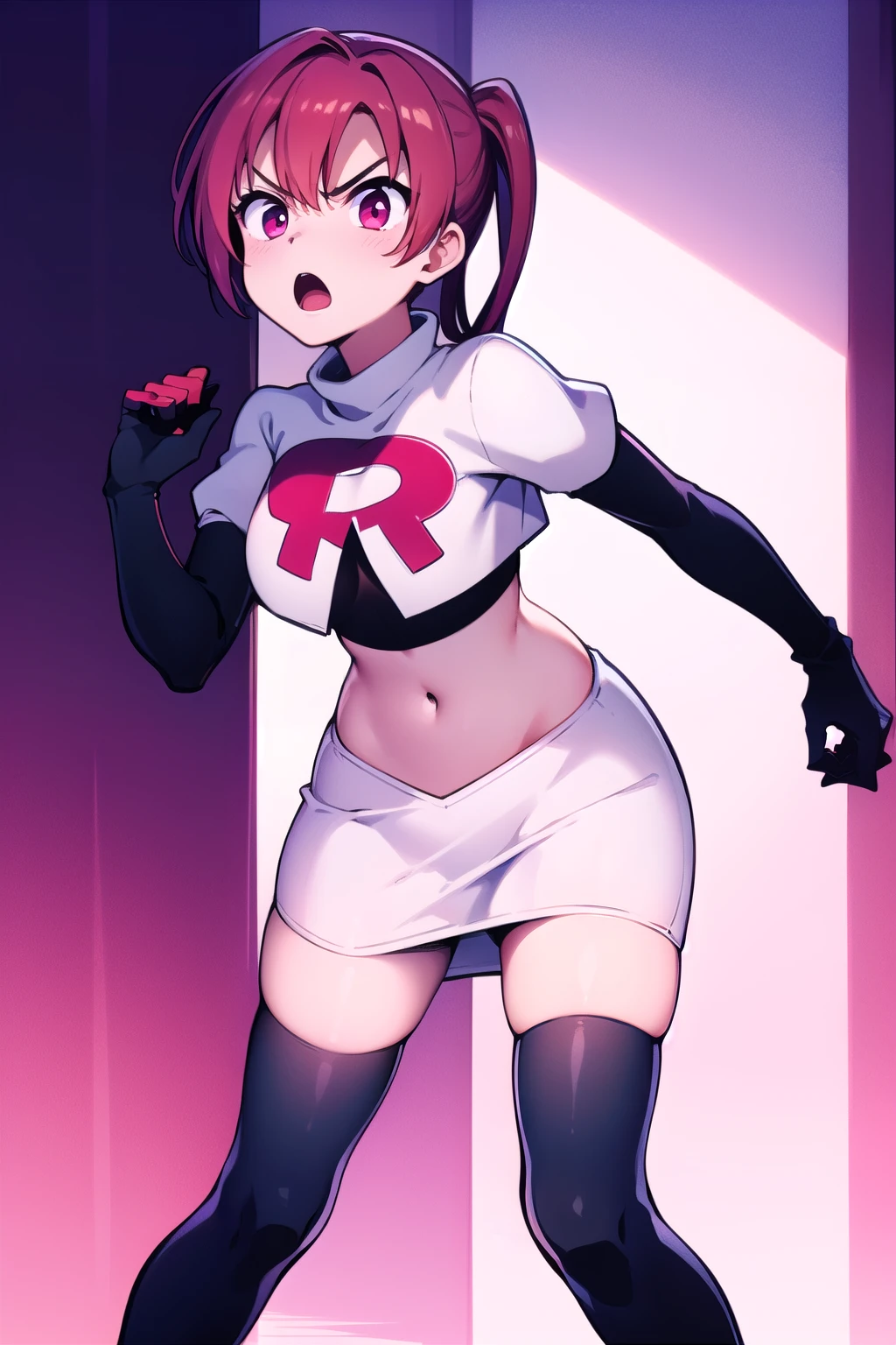 masterpiece, best quality, 
1girl, solo, angry, team rocket,team rocket uniform,white skirt,red letter R,crop top,black thigh-highs,black elbow gloves