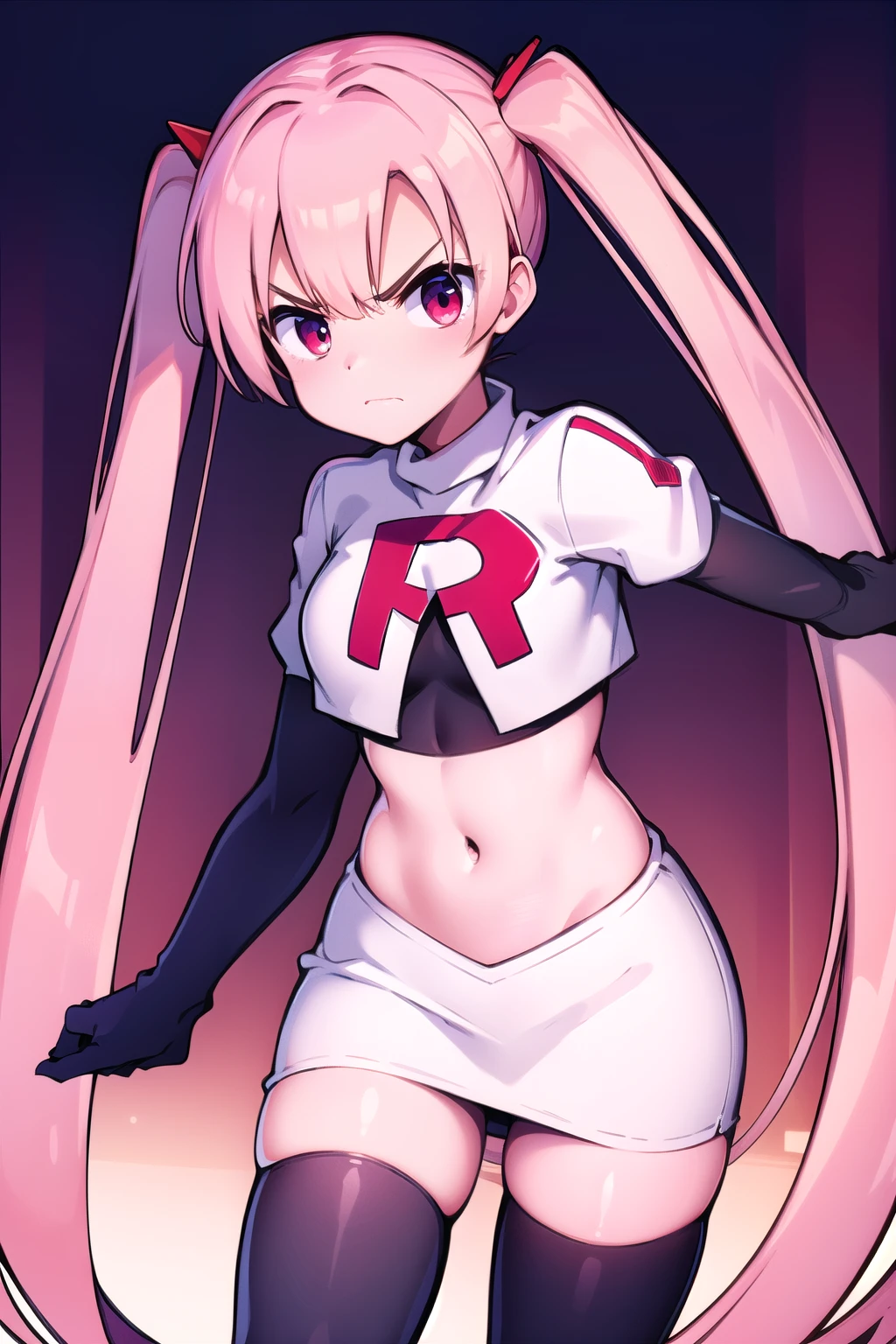 masterpiece, best quality, 
1girl, solo, angry, team rocket,team rocket uniform,white skirt,red letter R,crop top,black thigh-highs,black elbow gloves