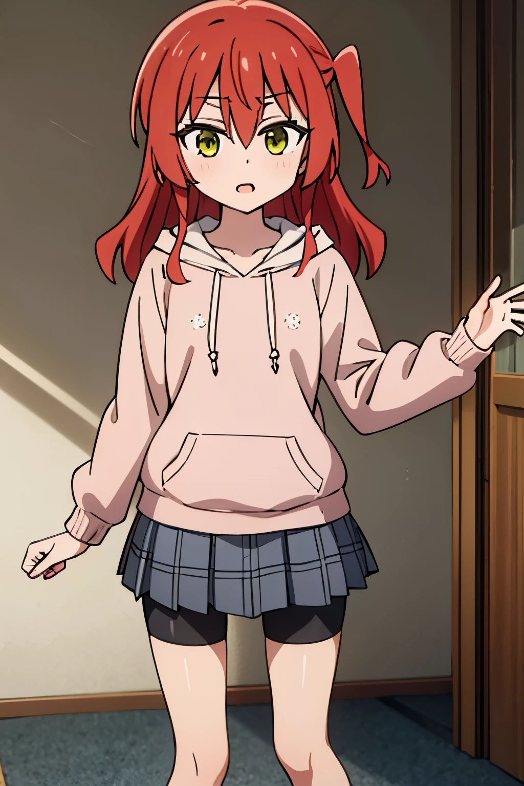 1 girl, hdr, ikuyo kita, red hair, one side up, long hair, green eyes, hoodie, pink hoodie, long sleeves, grey skirt, plaid skirt, bike shorts, black bike shorts, standing, open mouth, looking at viewers, plaid, room, solo,