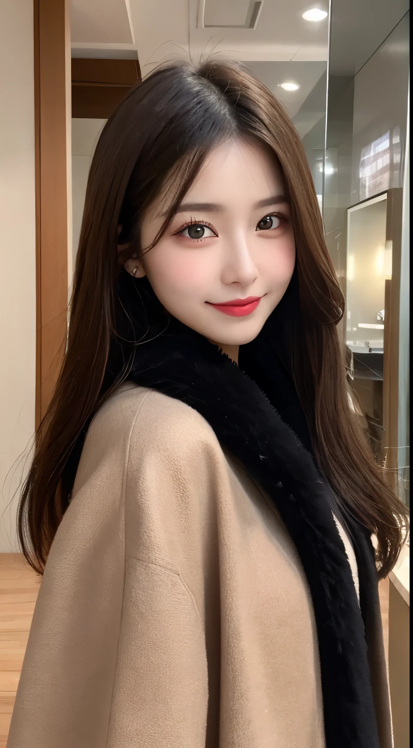 table top, highest quality, shape, Super detailed, finely, High resolution, 8k wallpaper, 完璧なダイナミックな構shape, beautiful and detailed eyes, Gorgeous and stylish black fluffy latest trend Tokyo winter clothes,ランダムなcute髪,small breasts,natural color lip, bold sexy pose,smile、20 year old girl、cute、sexy shot looking at camera,Always blur the background,perfect and beautiful face,Take only the face,beautiful and detailed face、slim face and style,Big eyes、Do gal makeup,real photos、luxury brand mink coat、Take a full body photo