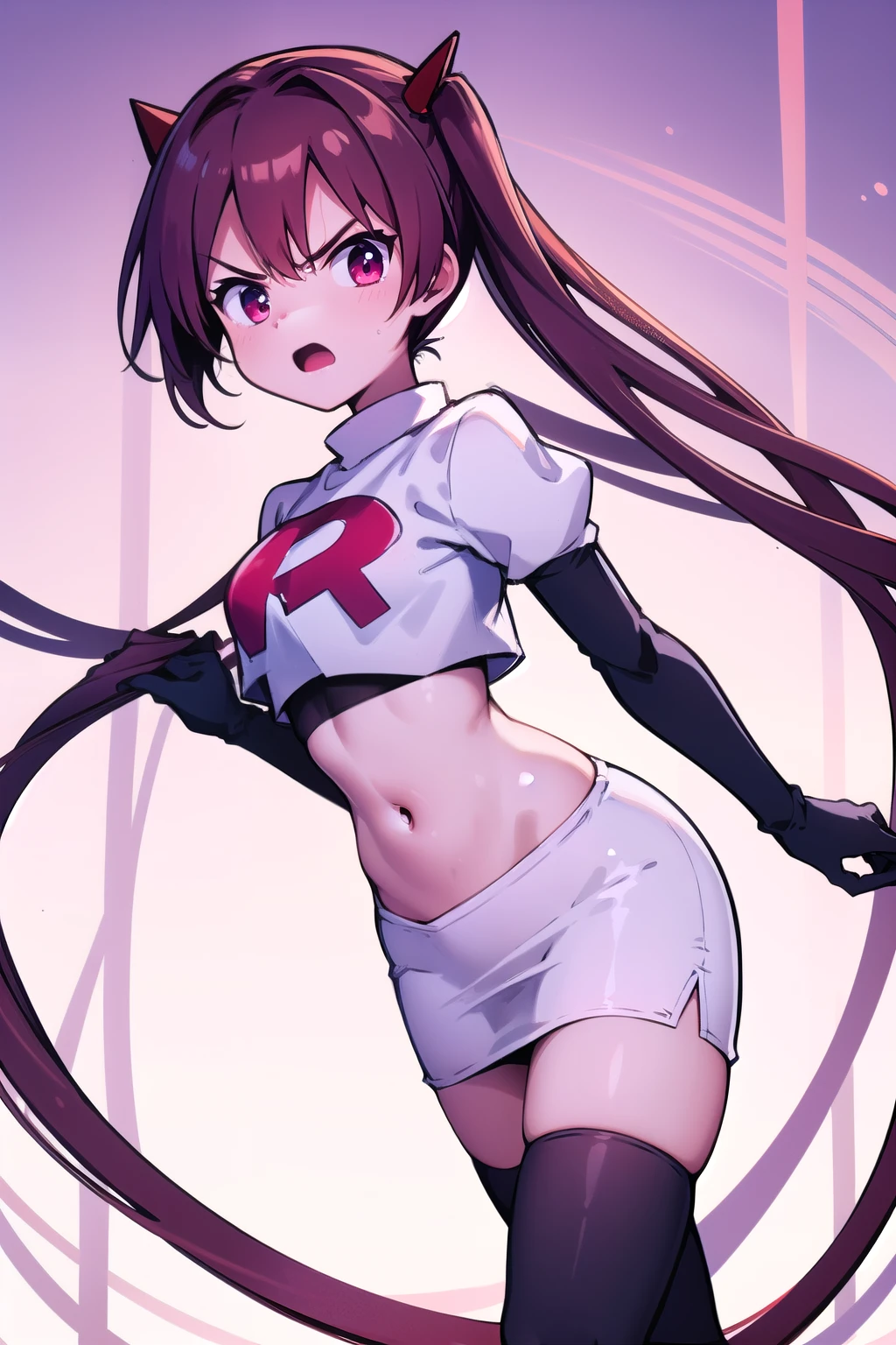 masterpiece, best quality, 
1girl, solo, angry, team rocket,team rocket uniform,white skirt,red letter R,crop top,black thigh-highs,black elbow gloves