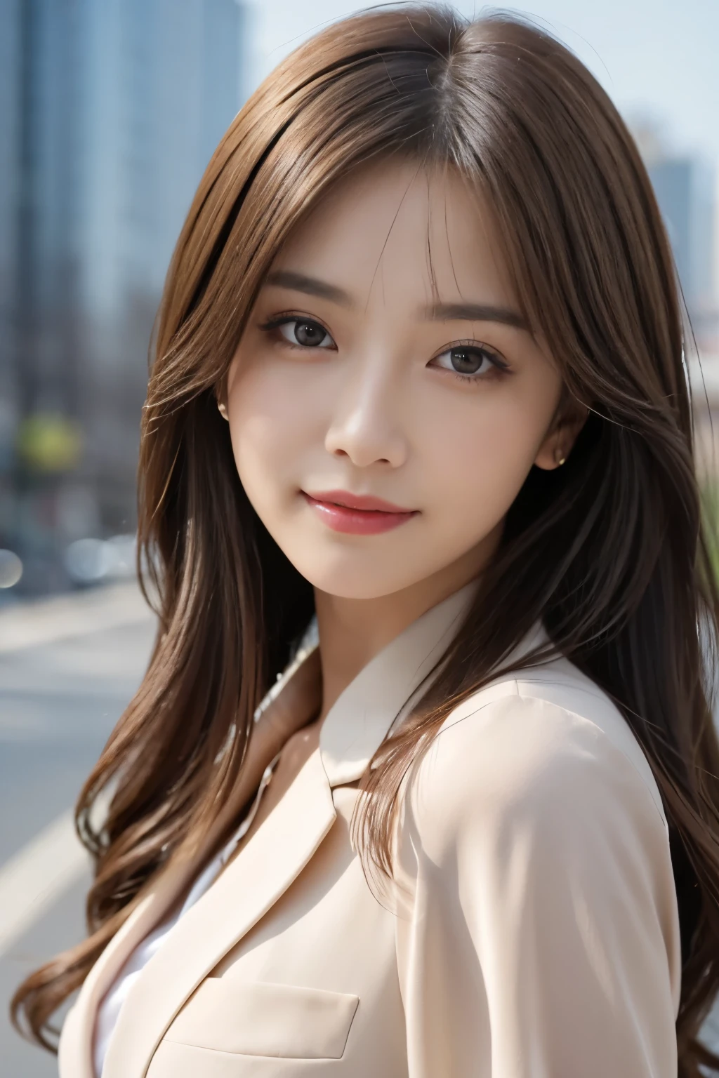 table top、highest quality、genuine、Super detailed、finely、High resolution、8k wallpaper、one beautiful woman、、、light brown disheveled hair、wearing a business suit、sharp focus、perfect dynamic composition、beautiful and detailed eyes、thin hair、詳細なgenuineな肌の質感、smile、close-up portrait、model body shape