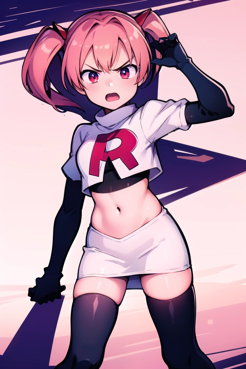 masterpiece, best quality, 
1girl, solo, angry, team rocket,team rocket uniform,white skirt,red letter R,crop top,black thigh-highs,black elbow gloves