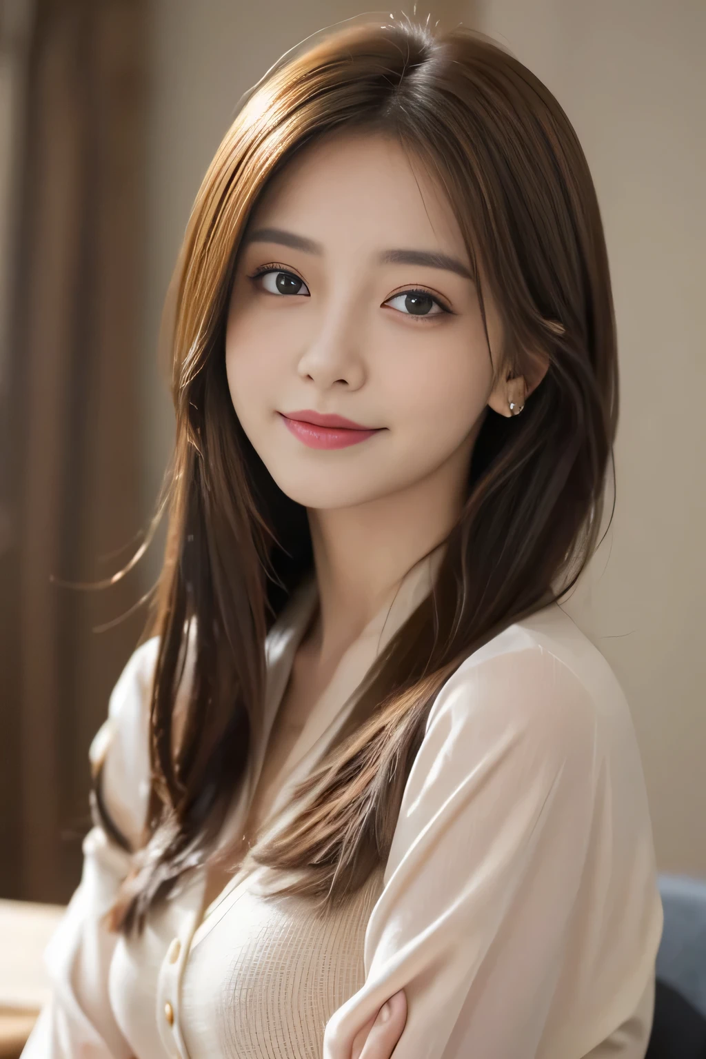 table top、highest quality、genuine、Super detailed、finely、High resolution、8k wallpaper、one beautiful woman、、、light brown disheveled hair、wearing a business suit、sharp focus、perfect dynamic composition、beautiful and detailed eyes、thin hair、詳細なgenuineな肌の質感、smile、close-up portrait、model body shape