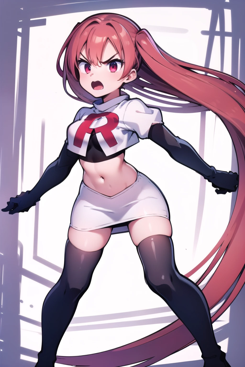 masterpiece, best quality, 
1girl, solo, angry, team rocket,team rocket uniform,white skirt,red letter R,crop top,black thigh-highs,black elbow gloves