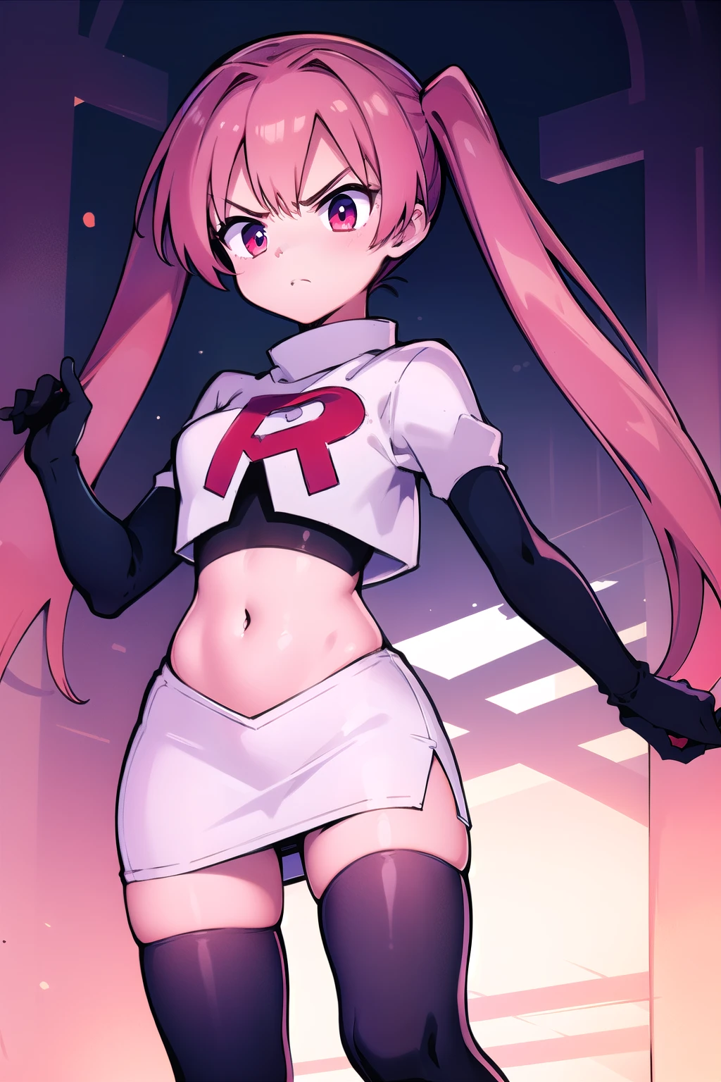masterpiece, best quality, 
1girl, solo, angry, team rocket,team rocket uniform,white skirt,red letter R,crop top,black thigh-highs,black elbow gloves