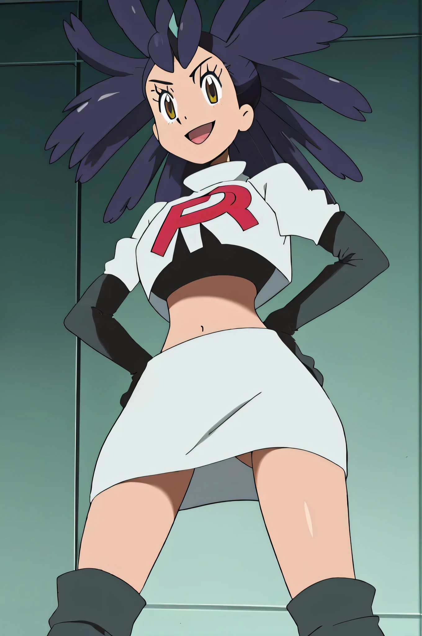 8k, anime screencap,1girl in, (Solo:1.2), (Perfect body:1.1), (Best Quality:1.1), very large , hands on hip,team rocket uniform, red letter r, white skirt,white crop top,black thigh-high boots, black elbow gloves, evil smile, looking down at viewer, hands on hips,zettai ryouiki, Iris
