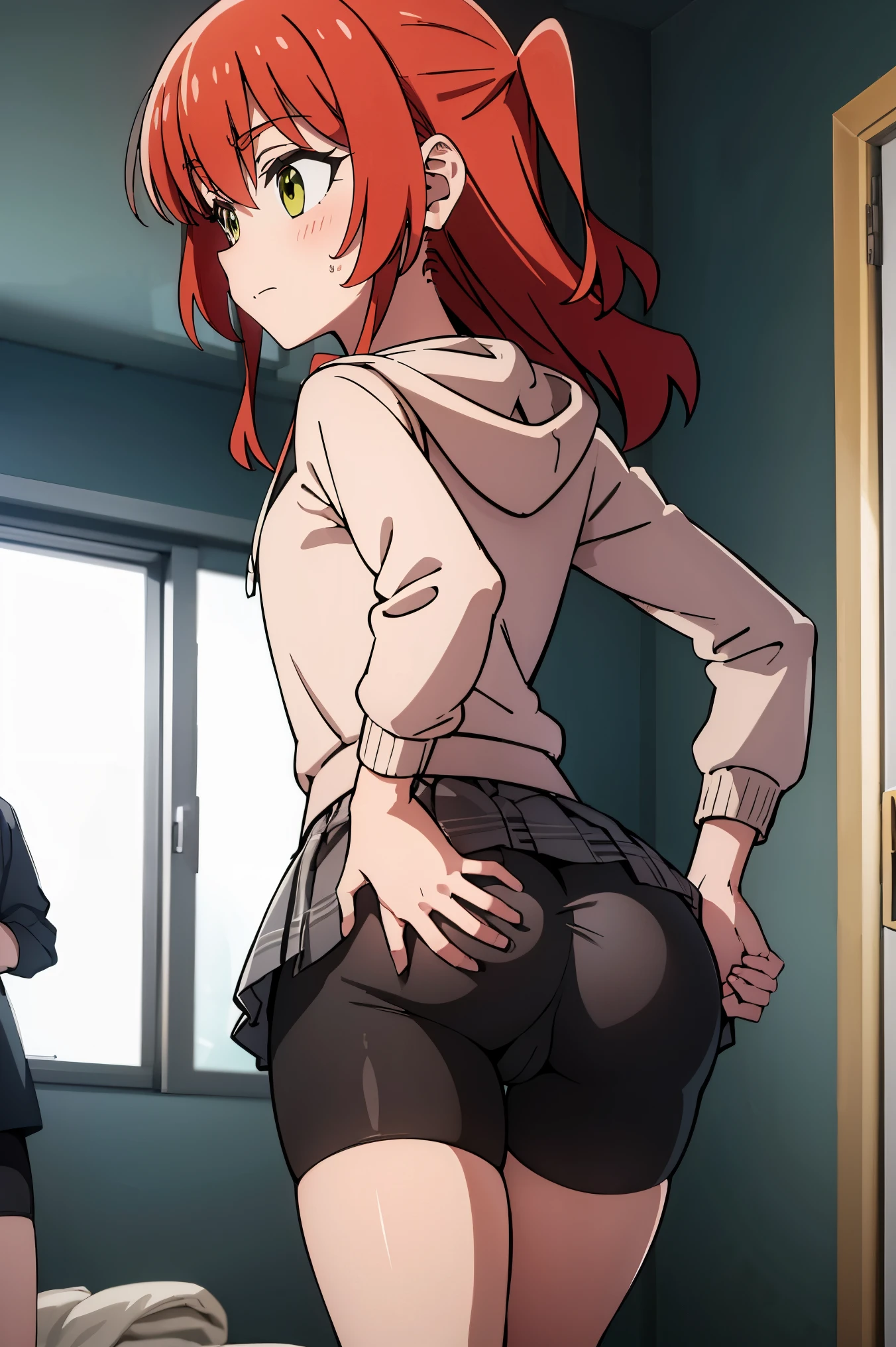 1 girl, hdr, ikuyo kita, red hair, one side up, long hair, green eyes, hoodie, pink hoodie, long sleeves, grey skirt, plaid skirt, bike shorts, black bike shorts, standing, open mouth, plaid, room, solo, from behind, looking ass, ass focus, grabbing ass, facing away, ass spread, (hands on own ass), ass stretch, 