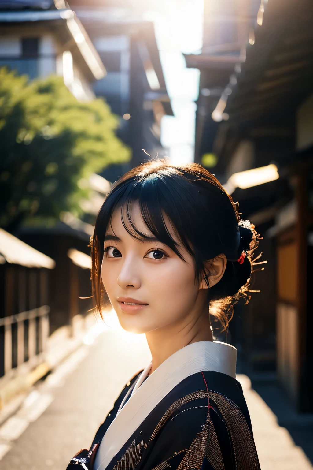 20-year-old Japanese supermodel girl,black hair,Ukiyo-e kimono,Japanese road background,A ray of light,beautiful facial lighting,big deal,Photographed by Yui Aragaki,6 o'clock'bell