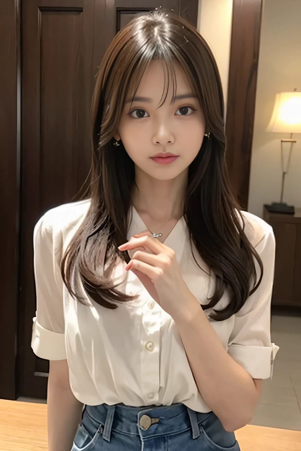 masterpiece、highest quality、16K、soft light、professional lighting、Pale shading、Weak contrast、Japanese、beautiful girl、daytime office、Window seat、sitting in front of the computer、Lavender tight blouse、pleated skirt of beige color、smooth and beautiful thighs、(big breasts:1.3)、Faint cleavage、fine and beautiful eyes、cute hanging eyes、gentle smile、(Thin, straight, long hair、high ponytail),(The bangs are see-through bangs)、