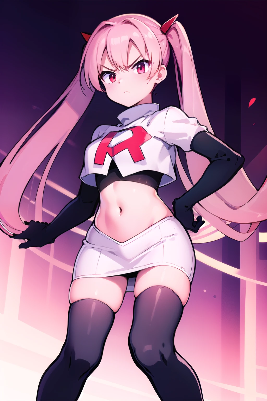 masterpiece, best quality, 
1girl, solo, angry, team rocket,team rocket uniform,white skirt,red letter R,crop top,black thigh-highs,black elbow gloves