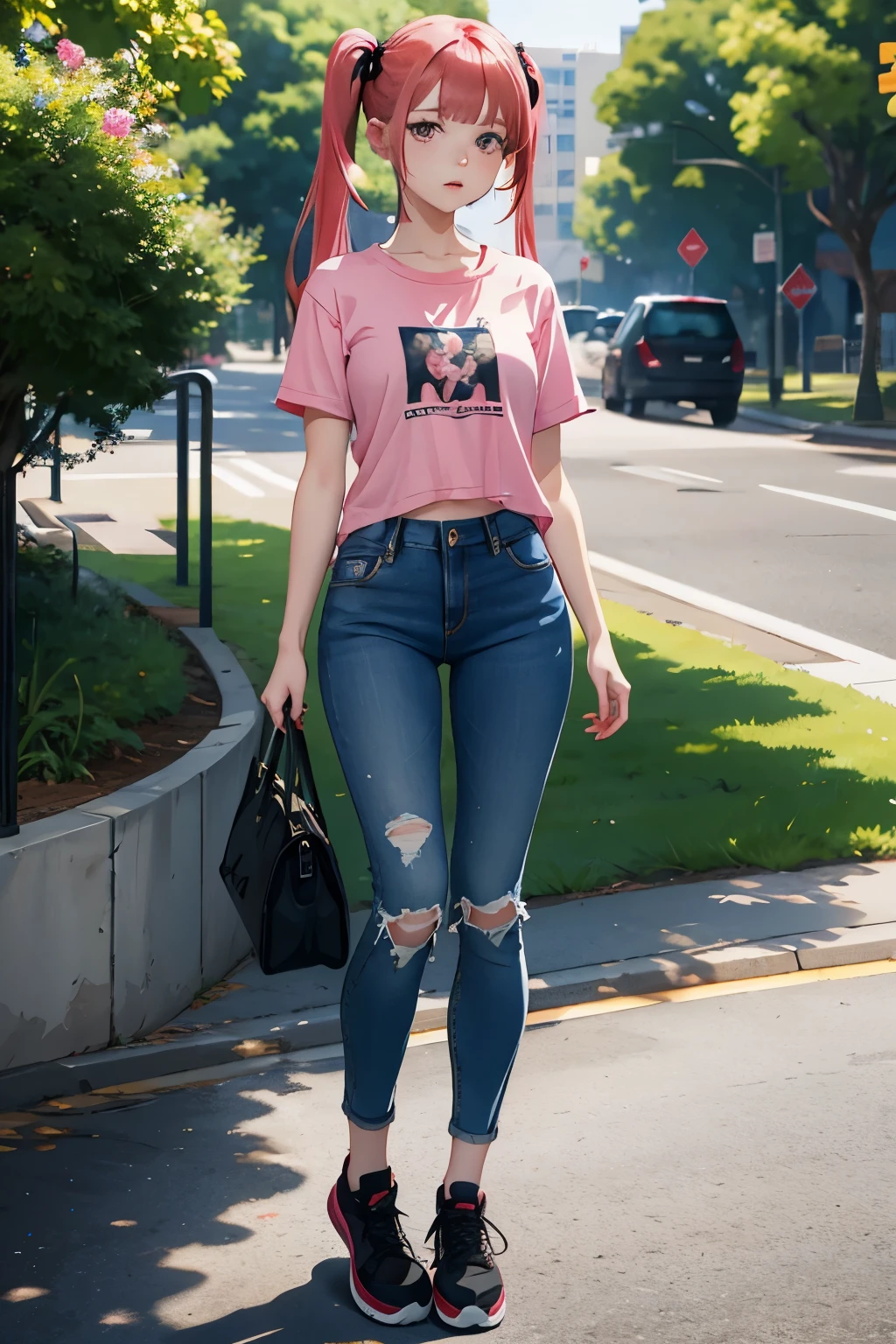 young girl, red hair, girl, small breasts, twintail hair, pink bangs, pink eyes, black top shirt, blue jeans short, in a ´park, looking at viewer, 4k, masterpiece, 8k, detailed, Hd anime, all body in art, full body