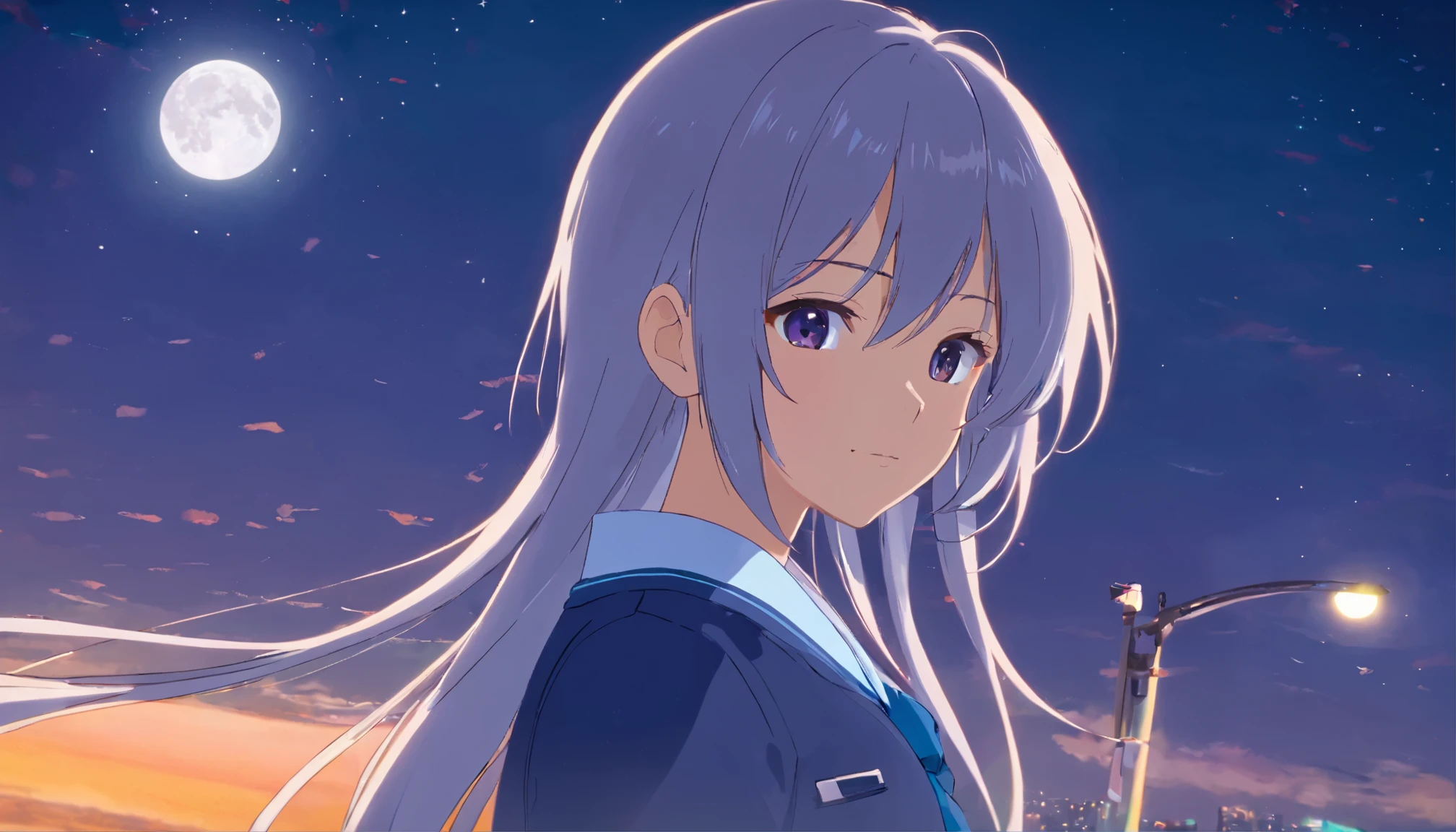 long hair,night,full moon,silver haired girl,uniform,slight smile,View photos taken