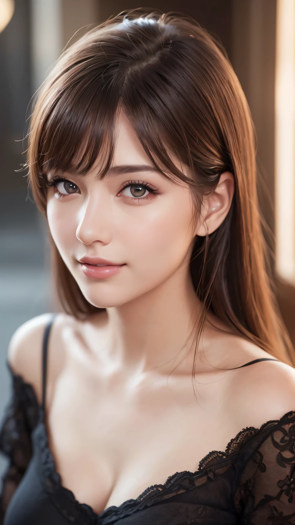 1woman, (Ultra realistic, high res), (highly detailed eyes, highly detailed hair, highly detailed face, highly detailed plump lips), (off shoulder), upper body, caute smile, (best quality:1.4), Raw photo, (realistic, photo-realistic:1.37), professional photography, cinematic light, (fine face: 1.2),