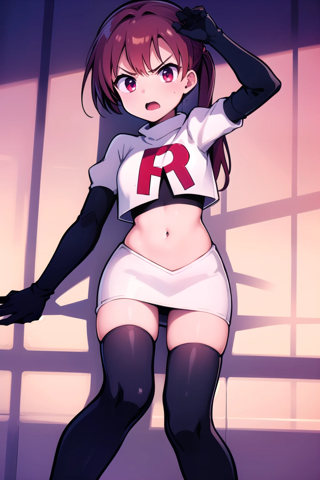 masterpiece, best quality,
1girl, solo, angry, team rocket,team rocket uniform,white skirt,red letter R,crop top,black thigh-highs,black elbow gloves