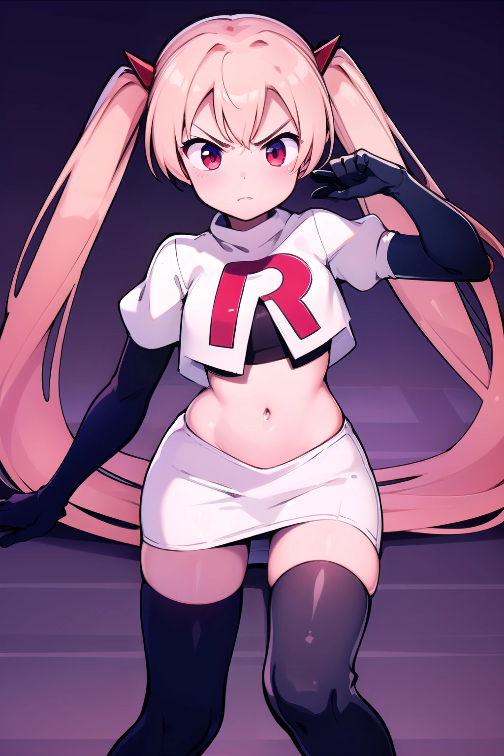 masterpiece, best quality, 
1girl, solo, angry, team rocket,team rocket uniform,white skirt,red letter R,crop top,black thigh-highs,black elbow gloves