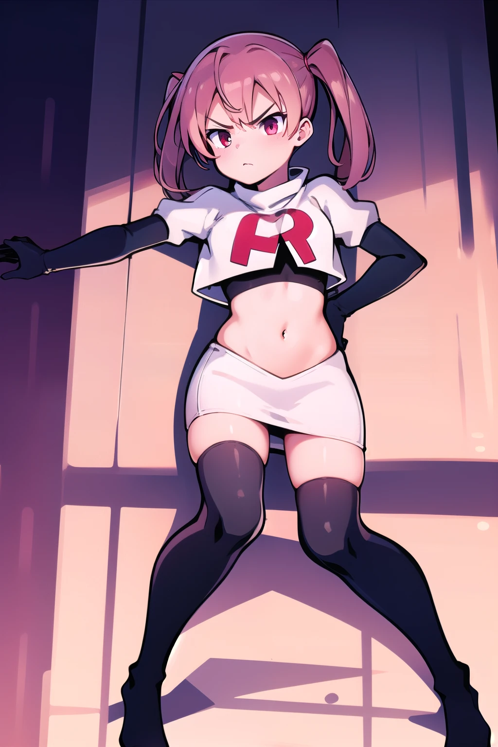 masterpiece, best quality, 
1girl, solo, angry, team rocket,team rocket uniform,white skirt,red letter R,crop top,black thigh-highs,black elbow gloves