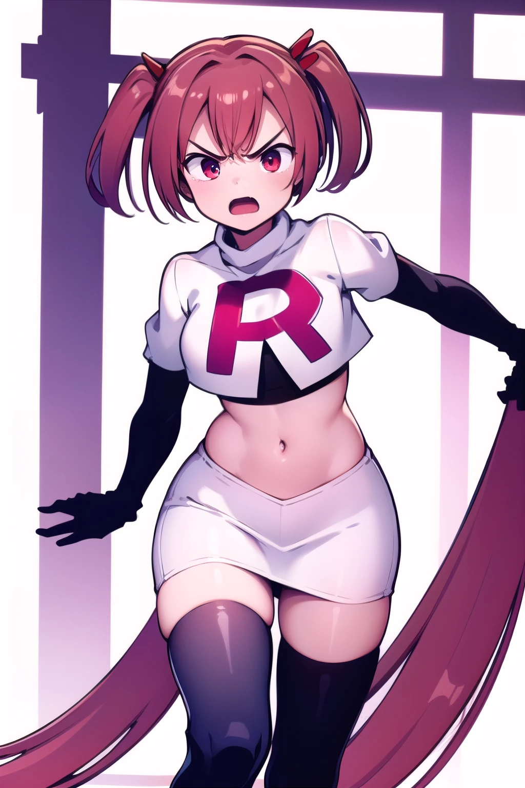masterpiece, best quality,
1girl, solo, angry, team rocket,team rocket uniform,white skirt,red letter R,crop top,black thigh-highs,black elbow gloves