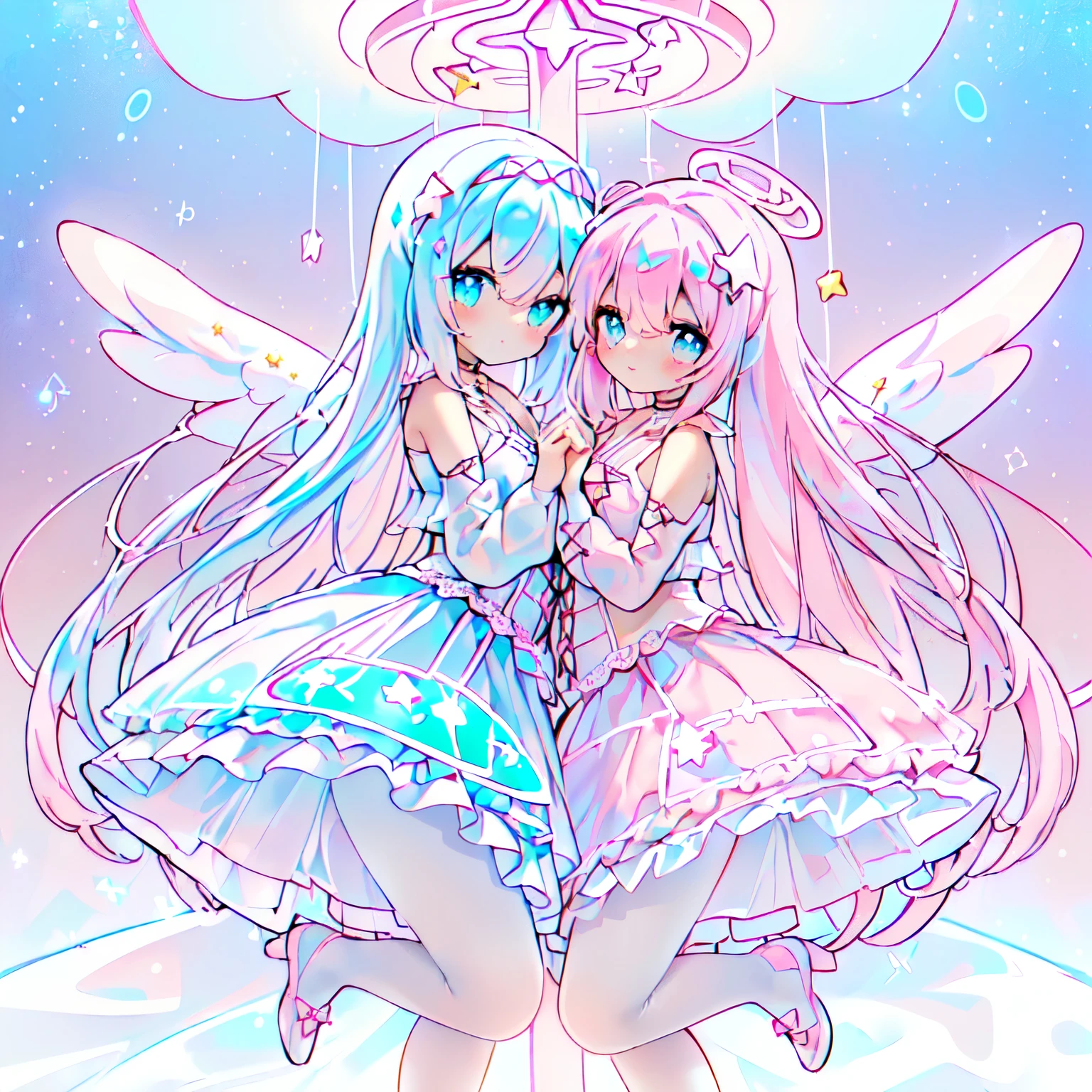 smile:1.3,clear white skin,Yumekawa、 (pastel-pink and white theme:1.4), (cute magical girl costume:1.2), ((tone on tone, white and pastel-pink girly dress with plenty of lace and tulle):1.2), (cross halter pastel-pink bustier with lace-up:1.4), (bare shoulders:1.3), (big ribbon on front:1.3), (layered tulle skirt with ruffles:1.4), (sheer white lace long sleeves:1.4), (pastel-pink choker:1.3), (symmetrical white angel wings:1.4), (white pantyhose with countless ribbon decorations:1.3), (pastel-pink pumps with heels:1.2), (white glowing halo:1.3), (whtie (star-shaped, star-symbol) bioluminescence glow LED-light on hair:1.4),Butterfly Dancing Flowerly Blade