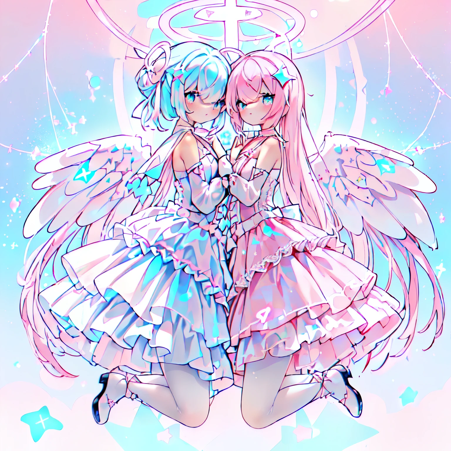 smile:1.3,clear white skin,Yumekawa、 (pastel-pink and white theme:1.4), (cute magical girl costume:1.2), ((tone on tone, white and pastel-pink girly dress with plenty of lace and tulle):1.2), (cross halter pastel-pink bustier with lace-up:1.4), (bare shoulders:1.3), (big ribbon on front:1.3), (layered tulle skirt with ruffles:1.4), (sheer white lace long sleeves:1.4), (pastel-pink choker:1.3), (symmetrical white angel wings:1.4), (white pantyhose with countless ribbon decorations:1.3), (pastel-pink pumps with heels:1.2), (white glowing halo:1.3), (whtie (star-shaped, star-symbol) bioluminescence glow LED-light on hair:1.4),Butterfly Dancing Flowerly Blade