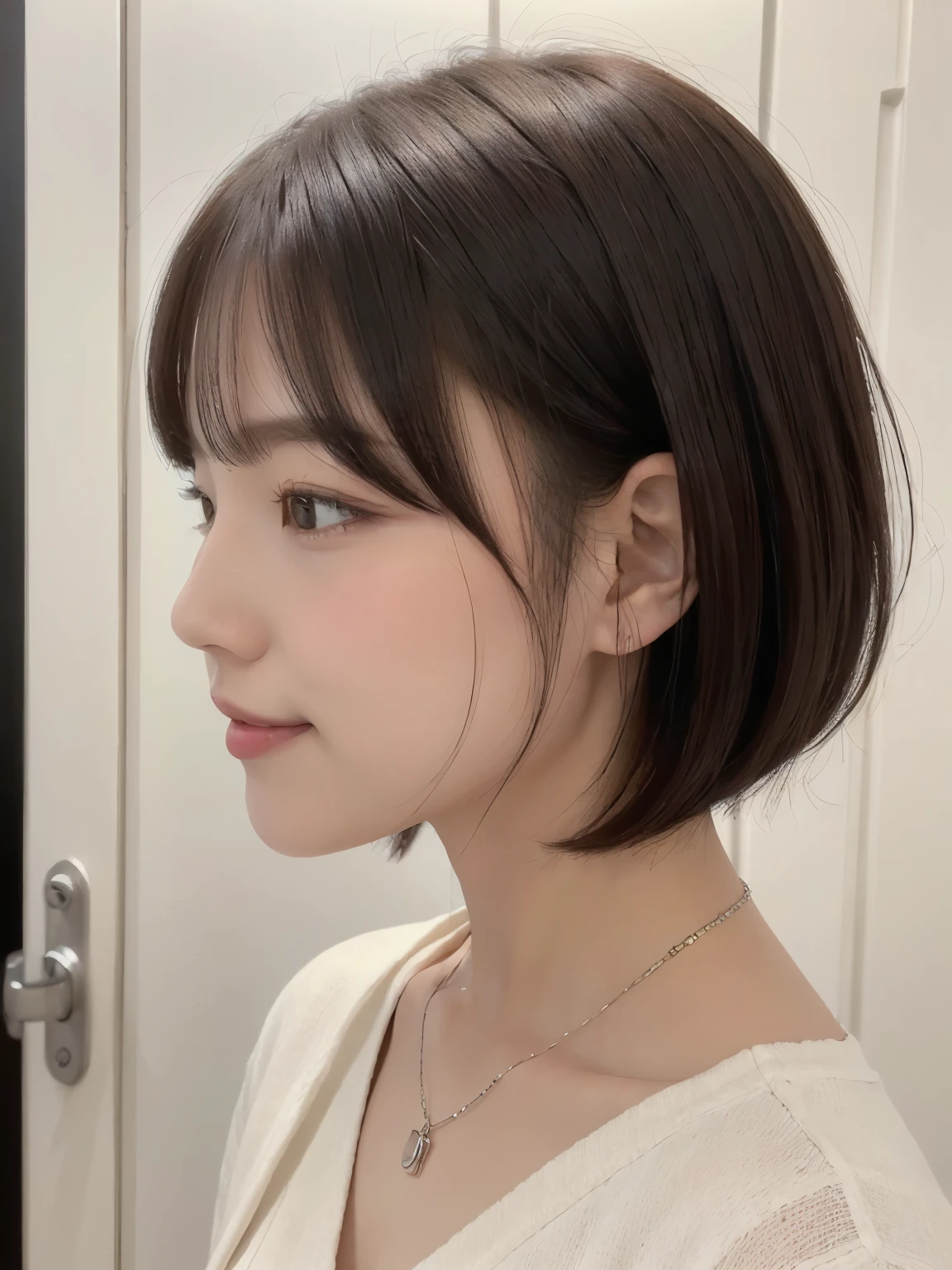 white wall、Taken in front of the white door、(窓のあるwhite wallの部屋)、(8K、Live shooting、highest quality、masterpiece:1.2)、High-definition RAW color photo、professional photos、(real、フォトreal:1.37)、Shot in natural light、1 girl、smile、(various poses)、BREAK is (Ombre:1.3) 、winter clothes、 necklace、(Beautiful profile:1.3)、Don't look at the camera、profile、shortcut、((brown hair)、Eye color is dark brown、(Beautiful profile:1.3)、correct hand of human body、looking down、pastel clothing、((correct human body profile))、(detailed eyes)、bob hair、Mini Bob、短いbob hair