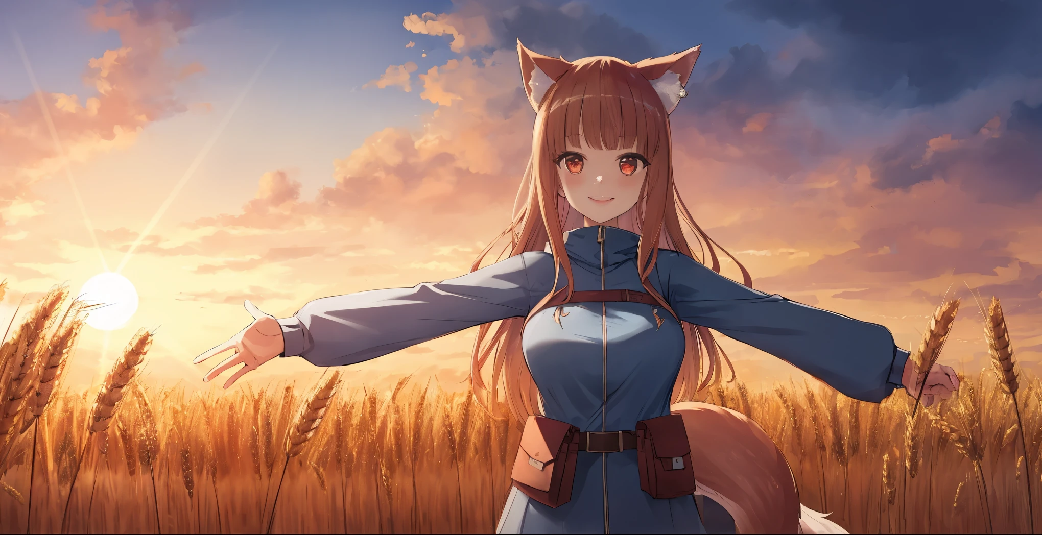 masterpiece, best quality, (vibrant colors, hdr,)
((holo)), LARGE BREASTS, spice and wolf,  1girl, animal ears wolf ears, wolf girl, wolf tail, long hair, brown hair, smile, red eyes, slit pupils, pouch, sky, scenic clouds, dust cloud, , sun in the middle of image, sun rays, outstretched arms, spread arms, extremely detailed wheat, farm , sunset with hyperreallistic detailed 3d volumetric clouds with  clear sky, graphite \(medium\), sketch, smoke in background <lora:holoSpiceAndWolf_v3:1