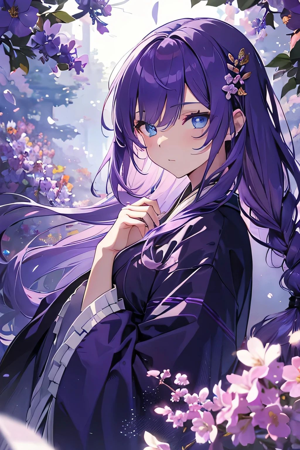 1 girl,Depp's Sense,confused,catch light,Super beautiful illustration,kimono,(purple hair,long hairstyles:1.3),(blue eyes:1.2),beautiful and delicate flowing hair,purple grass