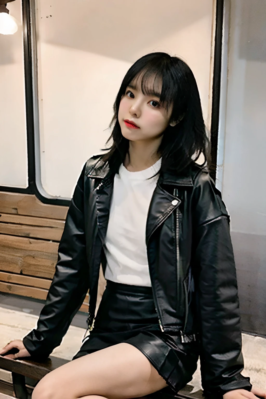 black leather jacket,leather mini skirt,A 34-year-old beautiful Japanese woman sitting on a bench with her legs spread wide.,holding a cigarette in his mouth,not wearing underwear,No panties,nude