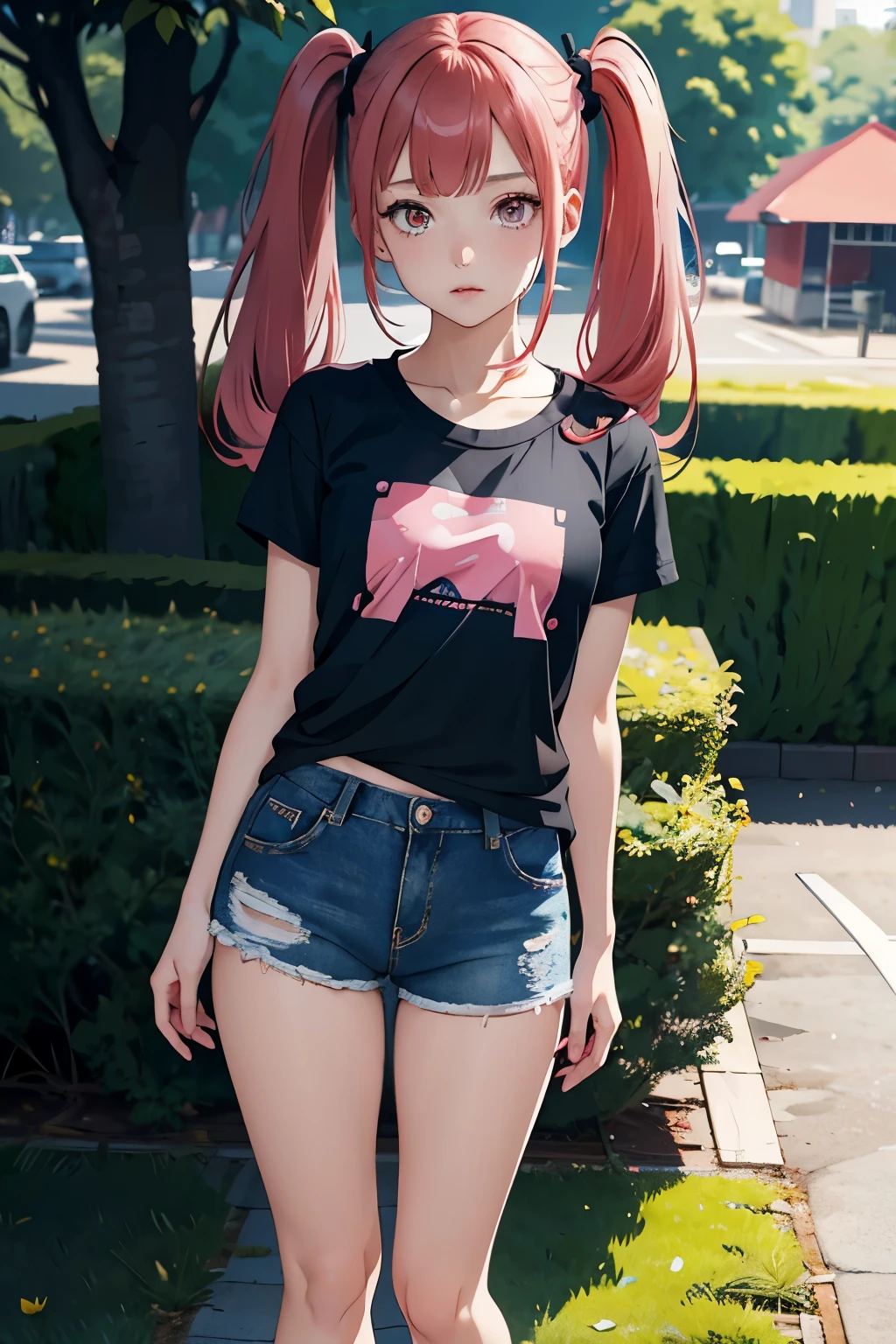 young girl, red hair, girl, small breasts, twintail hair, pink bangs, pink eyes, black top shirt, blue jeans short, in a ´park, looking at viewer, 4k, masterpiece, 8k, detailed, Hd anime, all body in art, full body