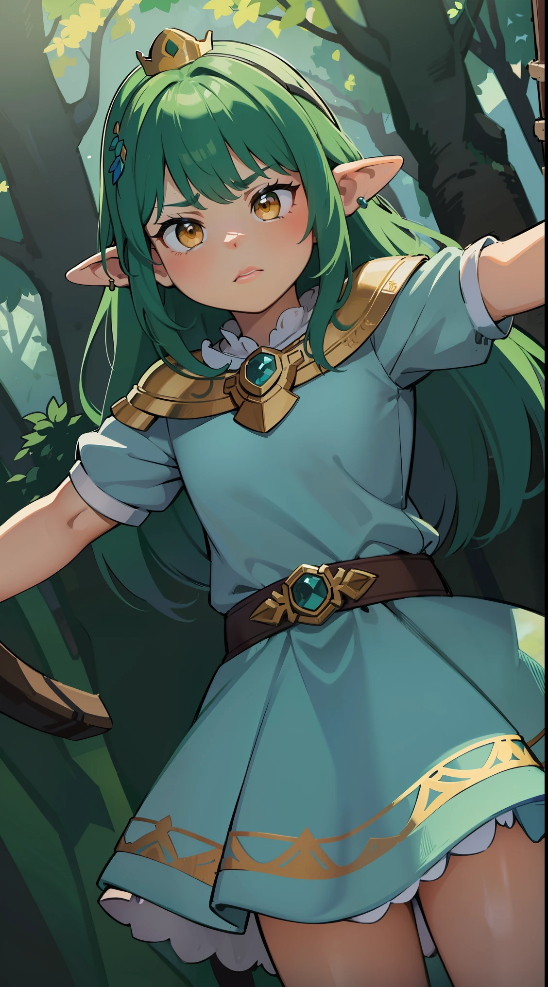 (An elven princess) adolescente, corajoso, cruel, cabelo loiro, em uma postura de luta. Um rosto desdenhoso, cara maligna, roupas verdes. olhos ciano, a small crown on the head. na frente de um fundo de floresta