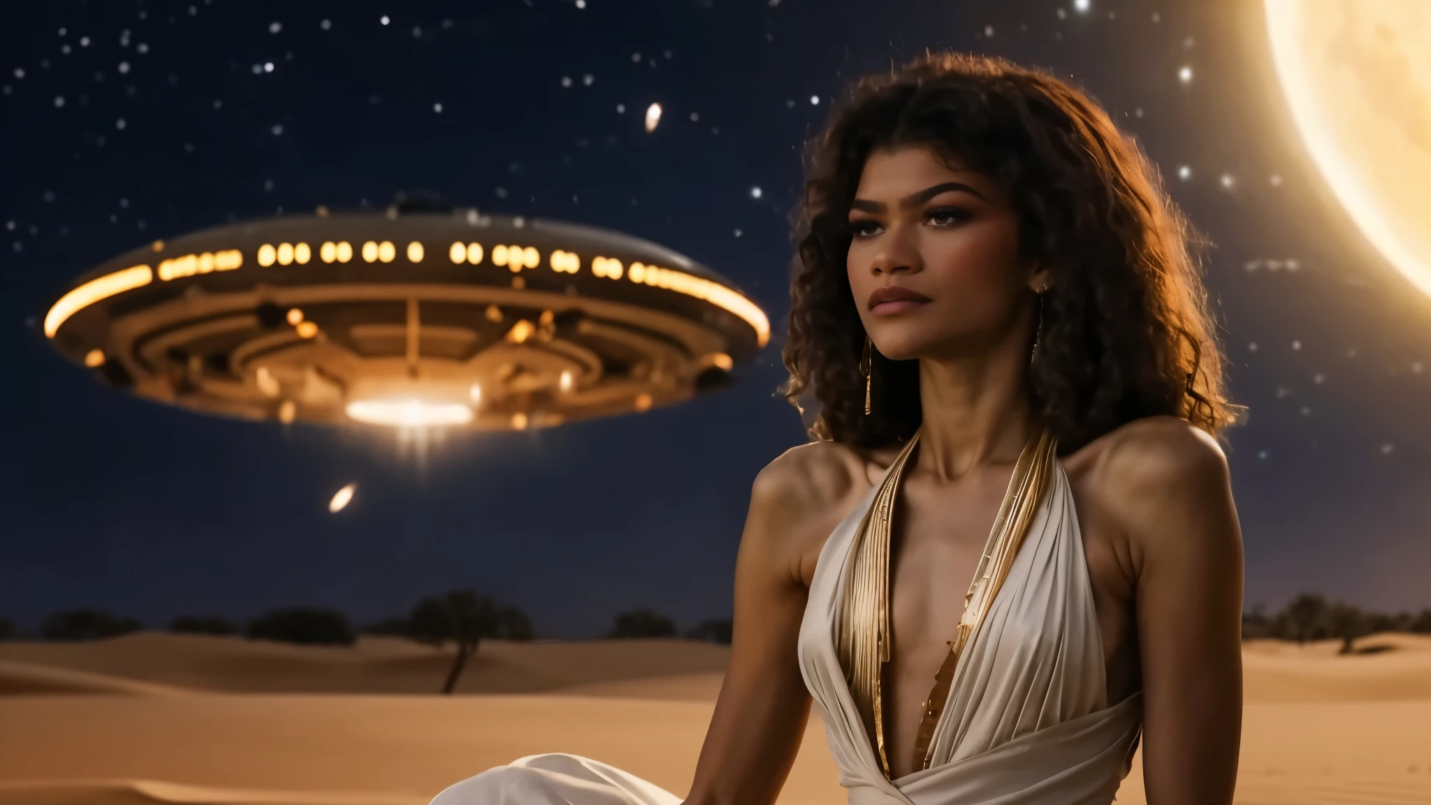 zendaya portrayed as Cleopatra,wearing a light white dress, sitting on the desert sands, looking up, scared, watching a huge disc-shaped spaceship in the sky, night time, phothotorealistic scene, dramatic, cinematic, 4k resolution, hyperdetailed, dramatic scene, back view