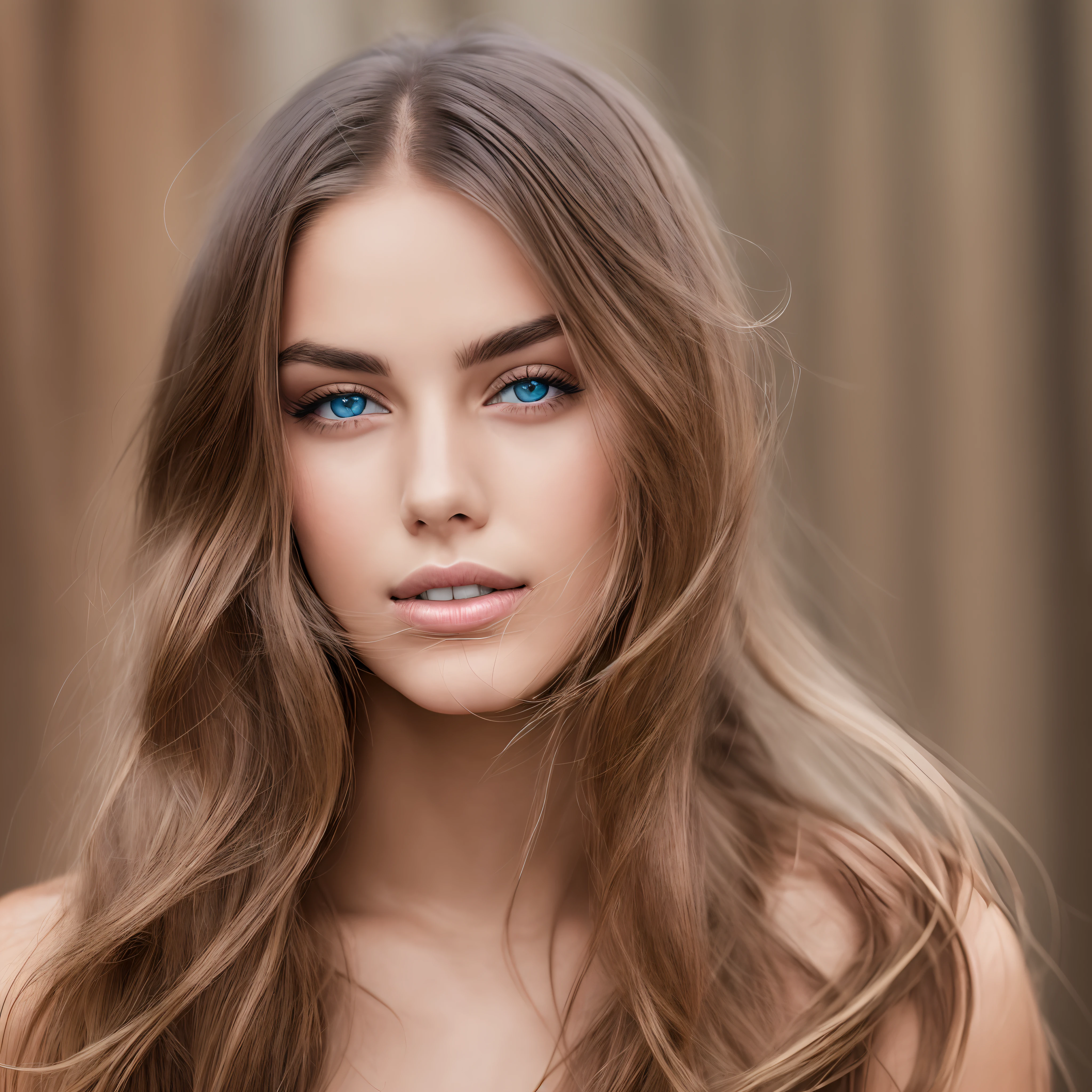 the face of a 25-year-old model with light makeup on her face looking at a high-resolution camera --auto --s2