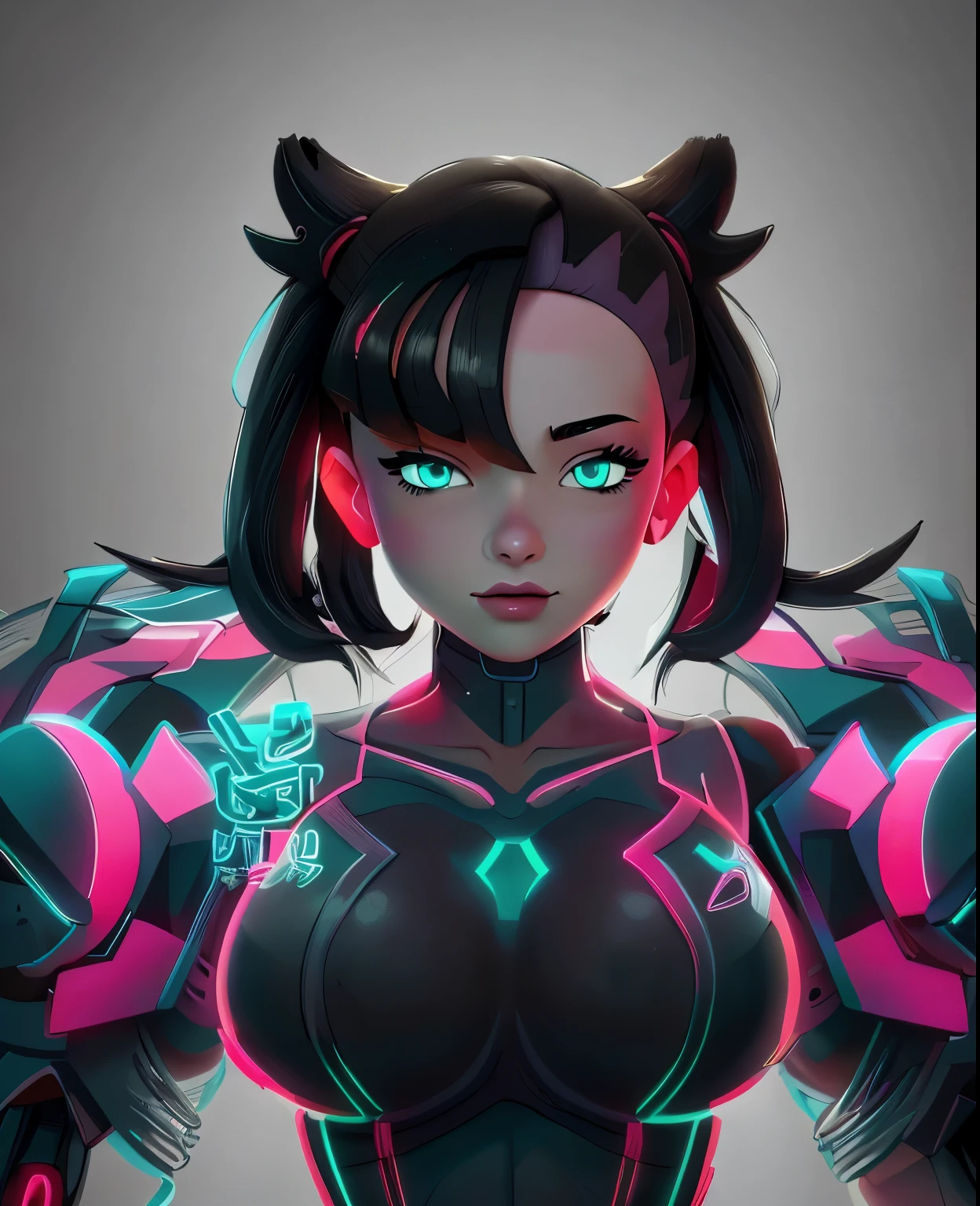 ((masterpiece, best quality)) Marnie, (pokemon), cutesexyrobutts, cyberpunk aesthetic, neon lights, cyborg woman, dark techno aesthetic, industrial goth aesthetic, ultra detailed, photorealistic, measurement bangs , asymmetrical bangs, black hair, Much hair, sexy eyes, short hair, messy hair, Big sleepy eyes, style boobapad, cyberpunk city background, upper body, portrait, breast focus, 1girl, breasts, large breasts, asymmetrical bangs, asymmetrical hair , bangs, huge breasts.