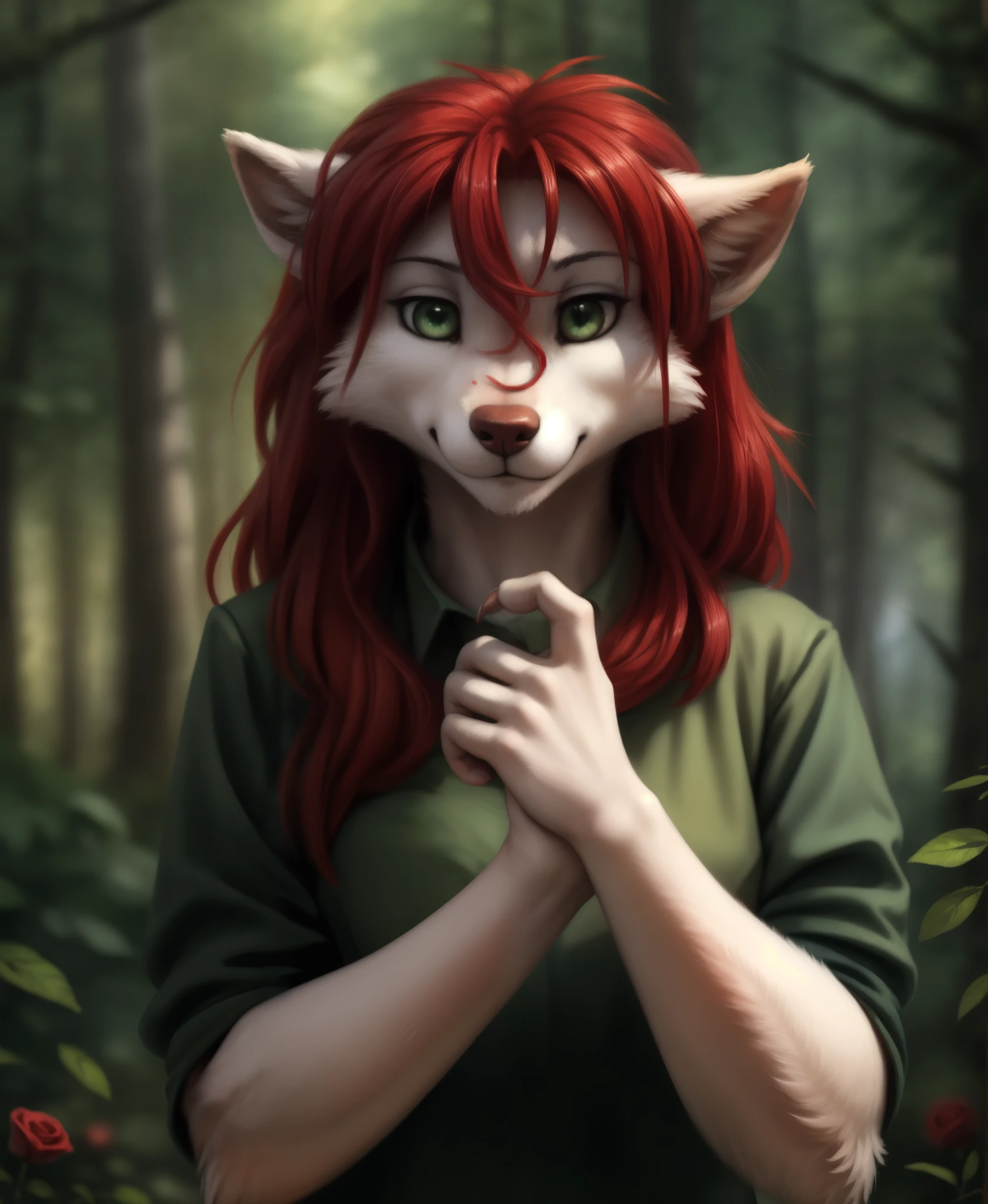 by kenket, by totesfleisch8, (by thebigslick, by silverfox5213:0.8), (by syuro:0.2),, rose-twokinds, twokinds, (best quality, masterpiece:1), solo, furry female anthro, green eyes, long hair, Red hair, portrait, finger claws, looking at viewer, wolf tail, (outdoors dark forest trees blurry blurred background:1.1), green clothes