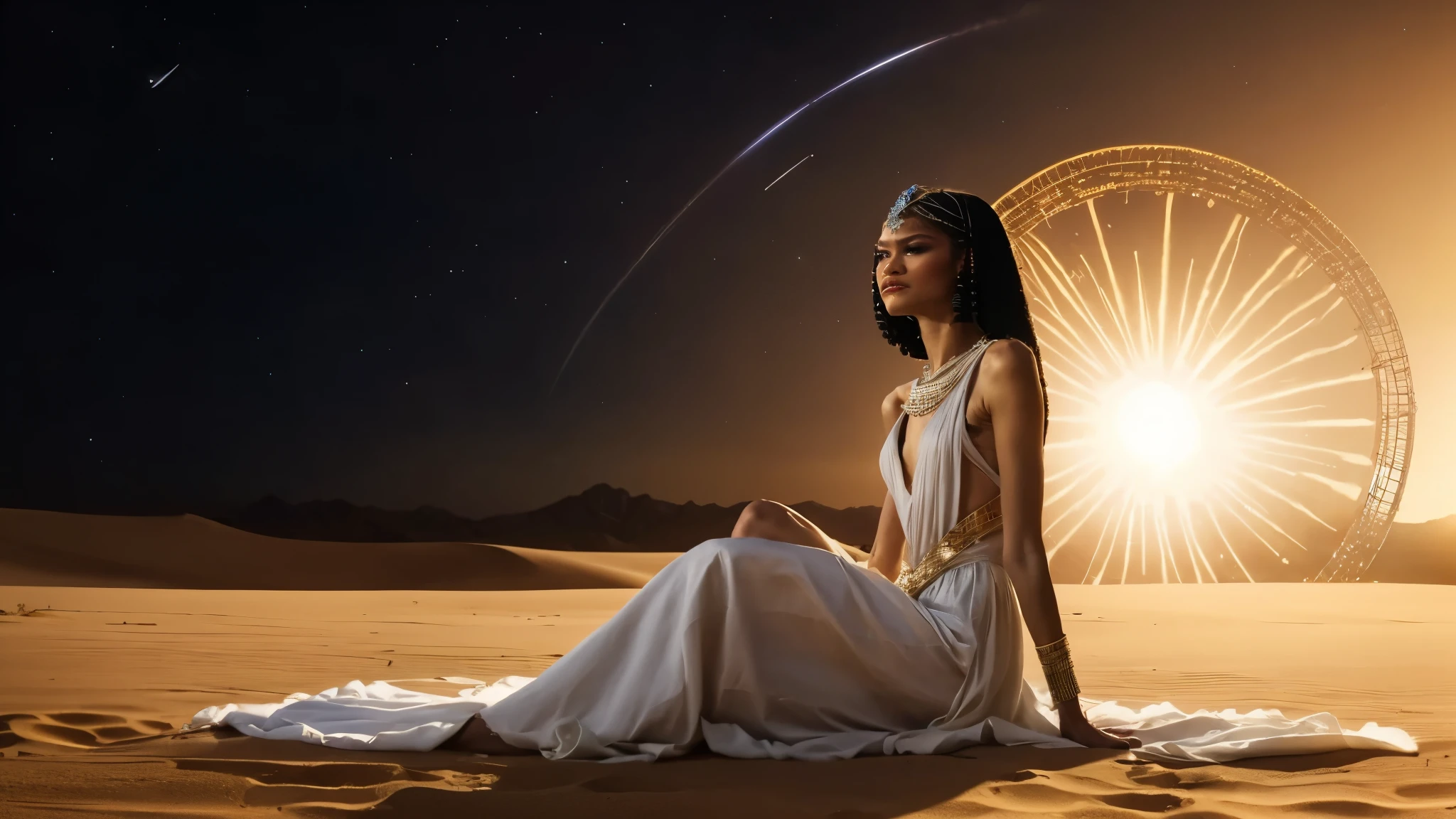 zendaya portrayed as Cleopatra,wearing a light white dress, sitting on the desert sands, looking up, scared, watching a huge disc-shaped spaceship in the sky, night time, phothotorealistic scene, dramatic, cinematic, 4k resolution, hyperdetailed, dramatic scene, back view