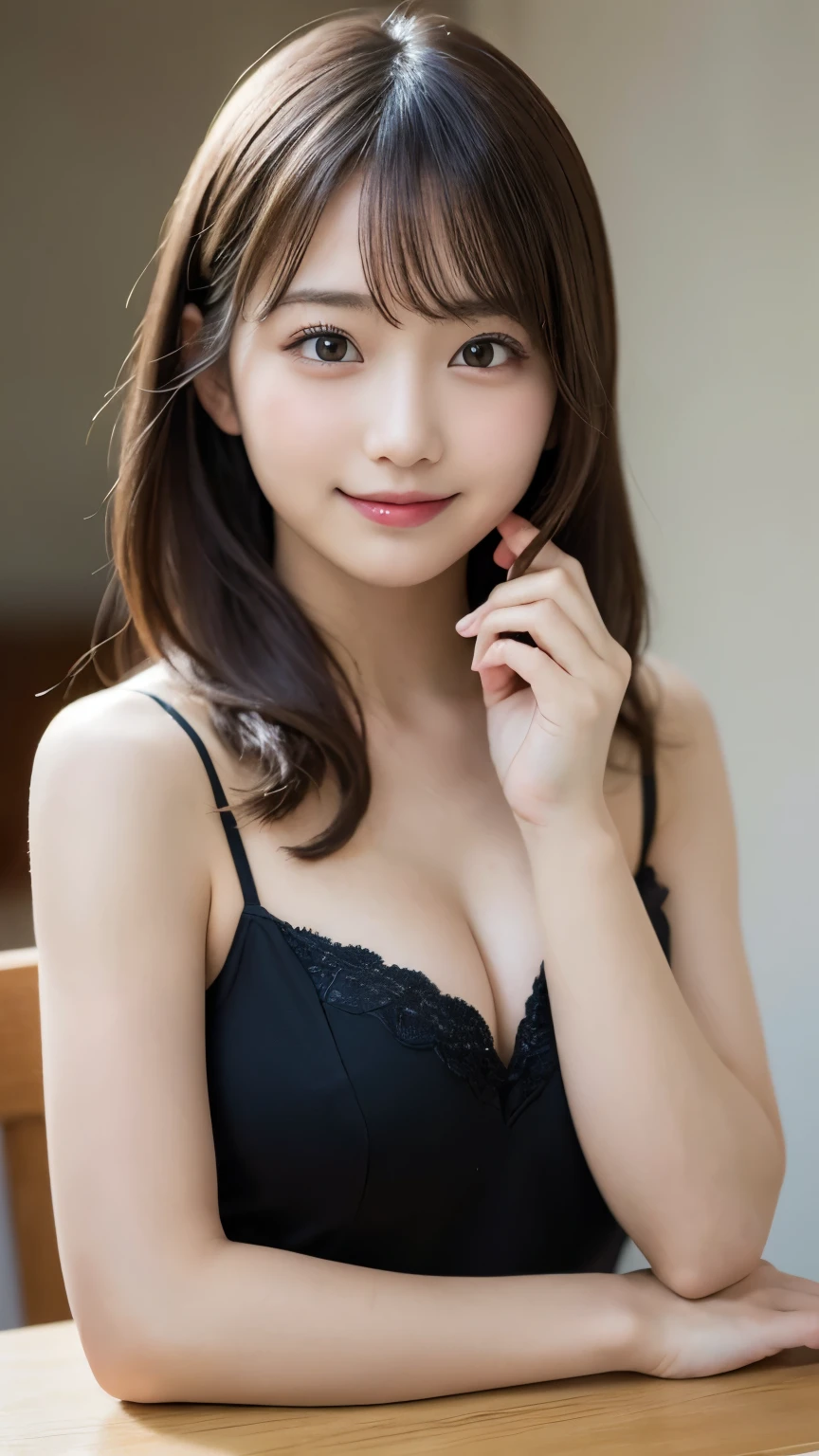 table top, highest quality, figure, super detailed, finely, High resolution, 8k wallpaper, 完璧なダイナミックな構figure, beautiful and fine eyes,  natural lip, cute camisole, small breasts, Randomly cute poses,RAW photo,cute🩷,smile