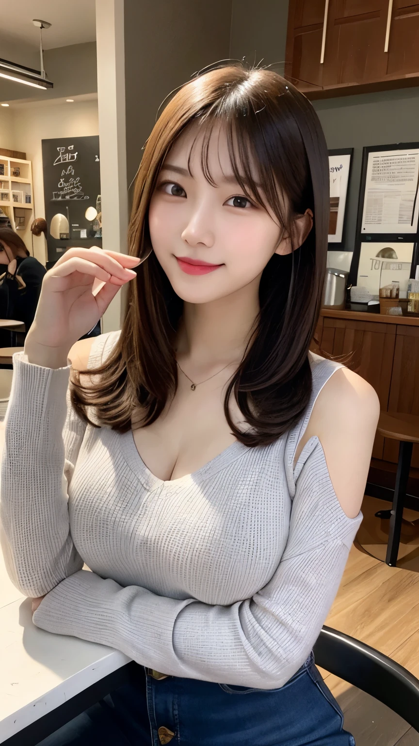 table top, highest quality, figure, full body photo,super detailed, small details, High resolution, 8k wallpaper, 完璧なダイナミックな構figure, beautiful and fine eyes, long sleeve knit,Shoulder Extension,bob hair, middle of chest, natural color lips, random sexy poses,smile,20 year old girl,big breasts,coffee shop,river,chest enhancement