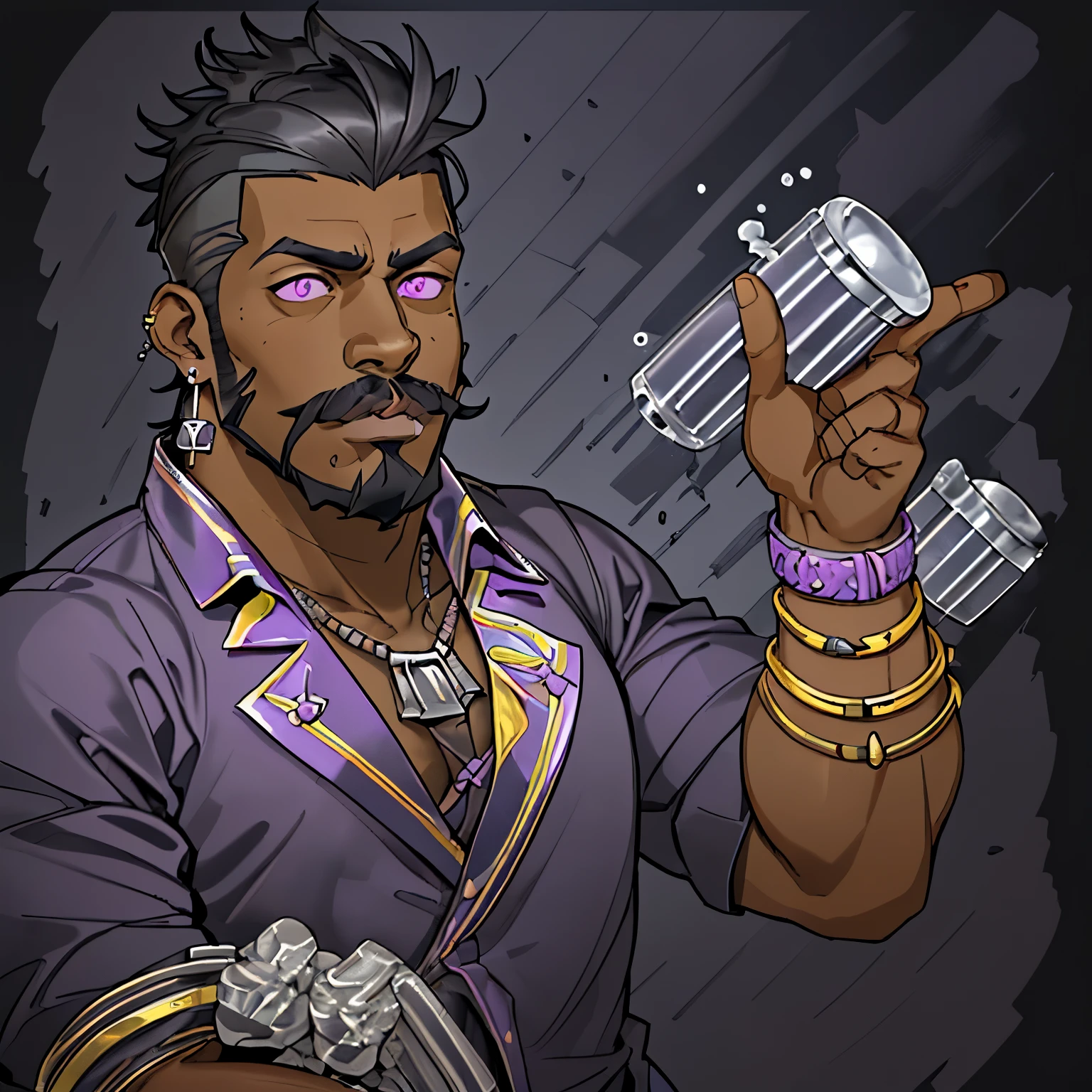 Masterpiece, Best Quality, Ultra-Detailed, 1man, solo, 1.80 meters tall, fat, chubby, black skin, dark skin, purple eyes, black hair, taper cut, black beard, goatee, mustache, silver earring, left ear earring, serious expression, half-body shot, purple clothes