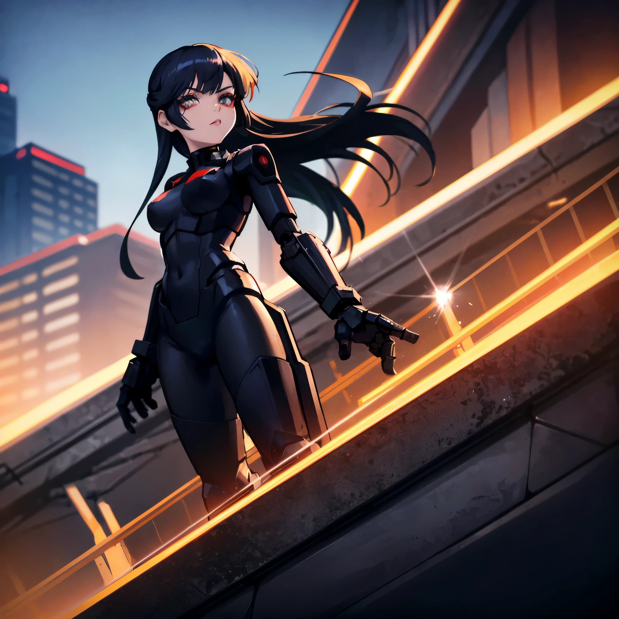 anime girl in a black suit standing on a ledge in a city, female garota de anime cyberpunk, arte digital de anime cyberpunk, anime foda 8k, garota de anime cyberpunk mech, garota de anime cyberpunk, cabelo azul escuro, roupa preta e vermelha, garota de anime do futuro, arte cyberpunk de anime, portrait of a female anime hero, Ryuko Matoi, anime cyberpunk moderno, garota cyberpunk de cabelo preto azeviche, girl with mecha cybernetic armor