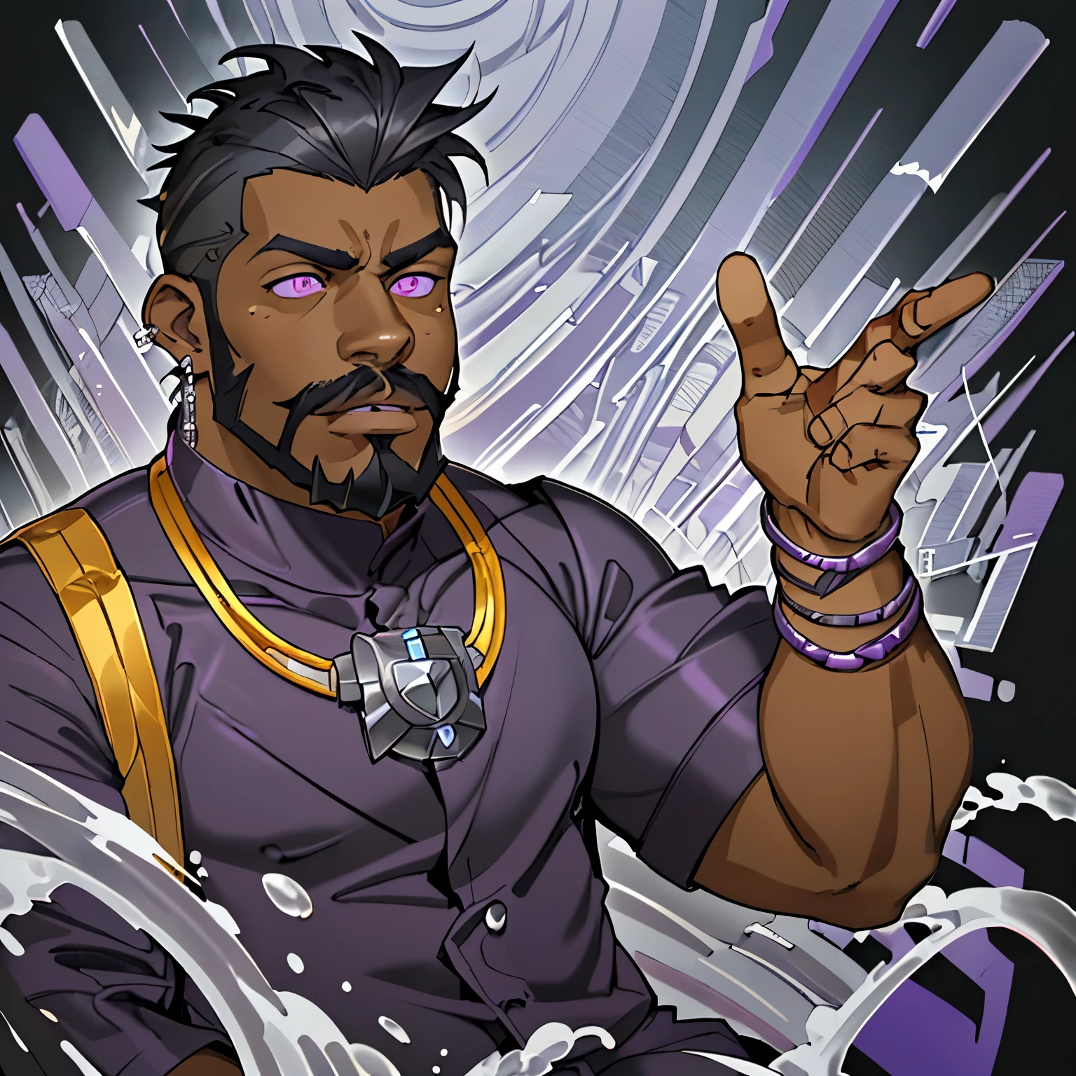 Masterpiece, Best Quality, Ultra-Detailed, 1man, solo, 1.80 meters tall, fat, chubby, black skin, dark skin, purple eyes, black hair, taper cut, black beard, goatee, mustache, silver earring, left ear earring, serious expression, half-body shot, purple clothes