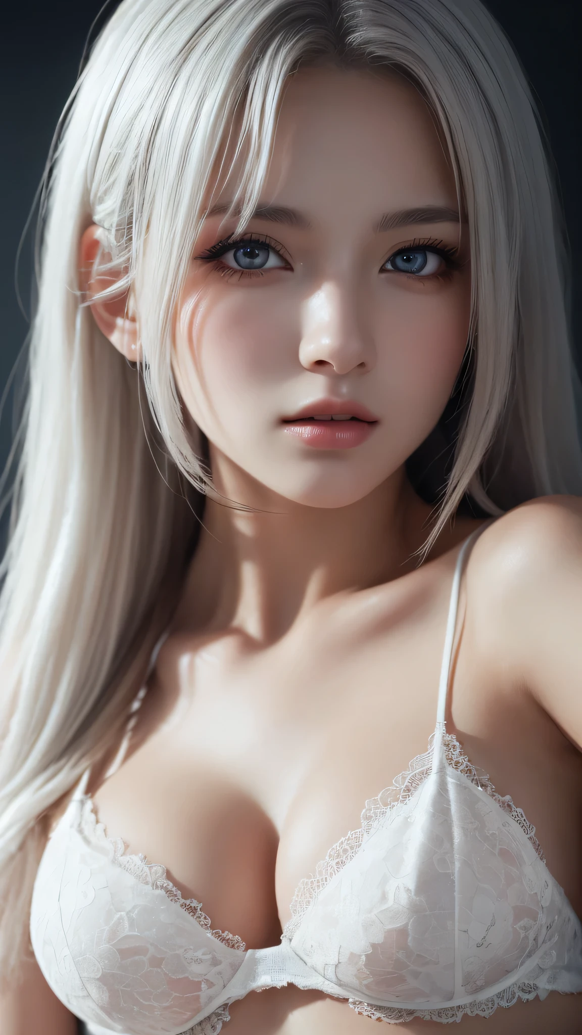 1 girl, (highest quality:1.4), (super detailed), (detailed light), (Highly detailed beautiful face), wonderful face and eyes, gray hair, Beautiful sheer lace details, beautiful breasts, Highly detailed CG integrated 8k wallpaper, High resolution raw color photos, professional photos, dynamic lighting, Depth of bounds written