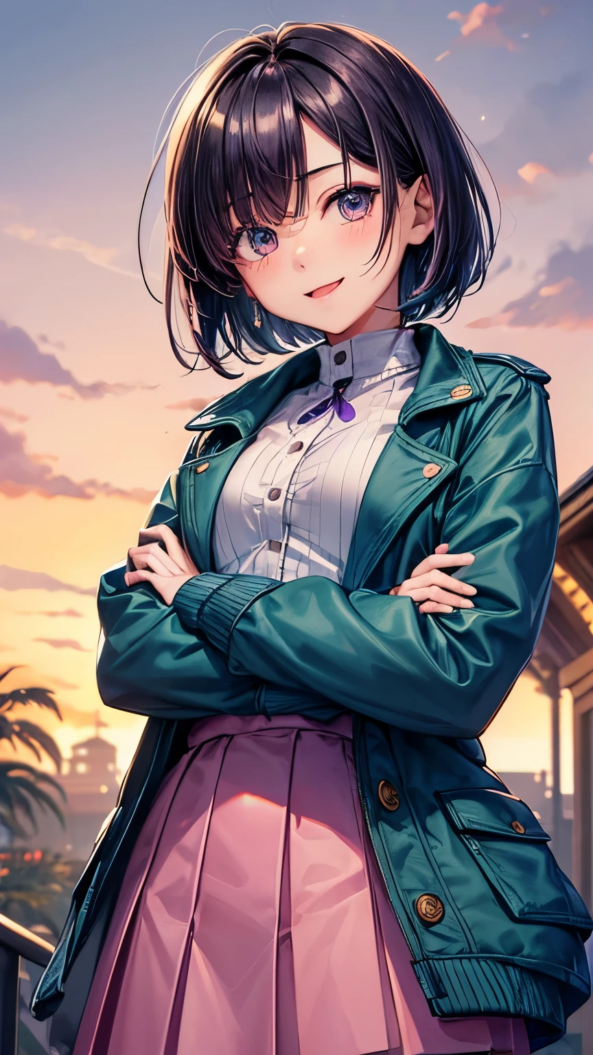 A 14 years old Japanese ((loves someone extremely)) girl (( small breast, slender)),(( folded her arms on her breast )), dark brown very short hair(( hair over one eye completely:1.4))(( much shaggy forelock)), hip length long sleeves sweater((blue,pale green)), maximum length down jacket ((bluish purple jacket, pink jacket)), long length skirt (( pink, pale red)),form below view ,shiny blue big round droopy eyes((enchanted)), tongue out, cute atmosphere , in winter garden, cheerful smile, best quality
