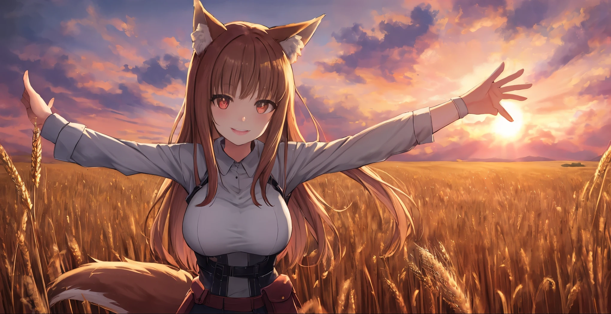 19:35:32 
Expires in 13 Day(s)
masterpiece, best quality, (vibrant colors, hdr,) ((holo)), LARGE BREASTS, spice and wolf, 1girl, animal ears wolf ears, wolf girl, wolf tail, long hair, brown hair, smile, red eyes, slit pupils, pouch, sky, scenic clouds, dust cloud, , sun in the middle of image, sun rays, outstretched arms, spread arms, extremely detailed wheat, farm , sunset with hyperreallistic detailed 3d volumetric clouds with clear sky, graphite \(medium\), sketch, smoke in background <lora:holoSpiceAndWolf_v3, reverse bunny suit