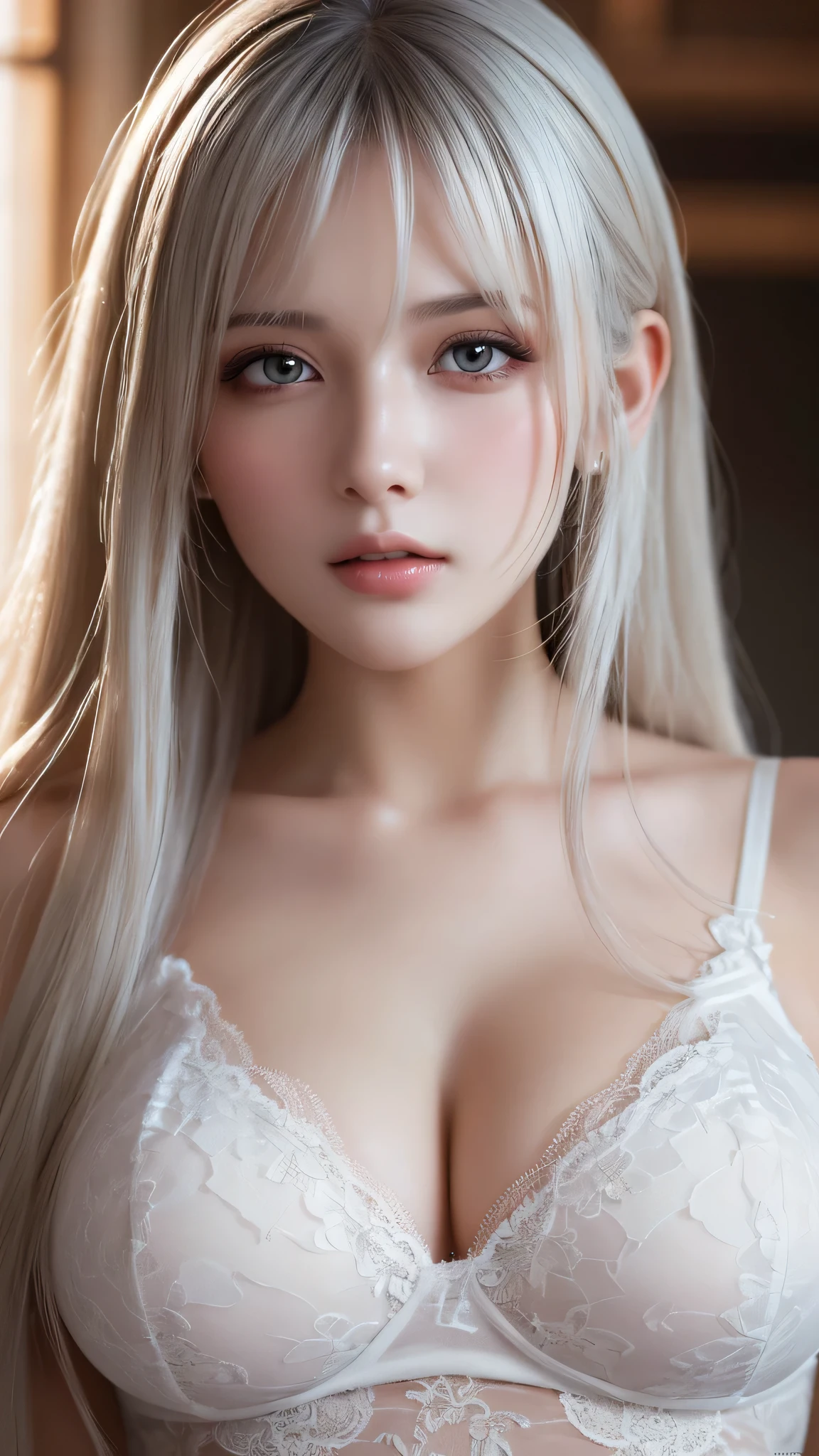 1 girl, (highest quality:1.4), (super detailed), (detailed light), (Highly detailed beautiful face), wonderful face and eyes, gray hair, Beautiful sheer lace details, beautiful breasts, Highly detailed CG integrated 8k wallpaper, High resolution raw color photos, professional photos, dynamic lighting, Depth of bounds written