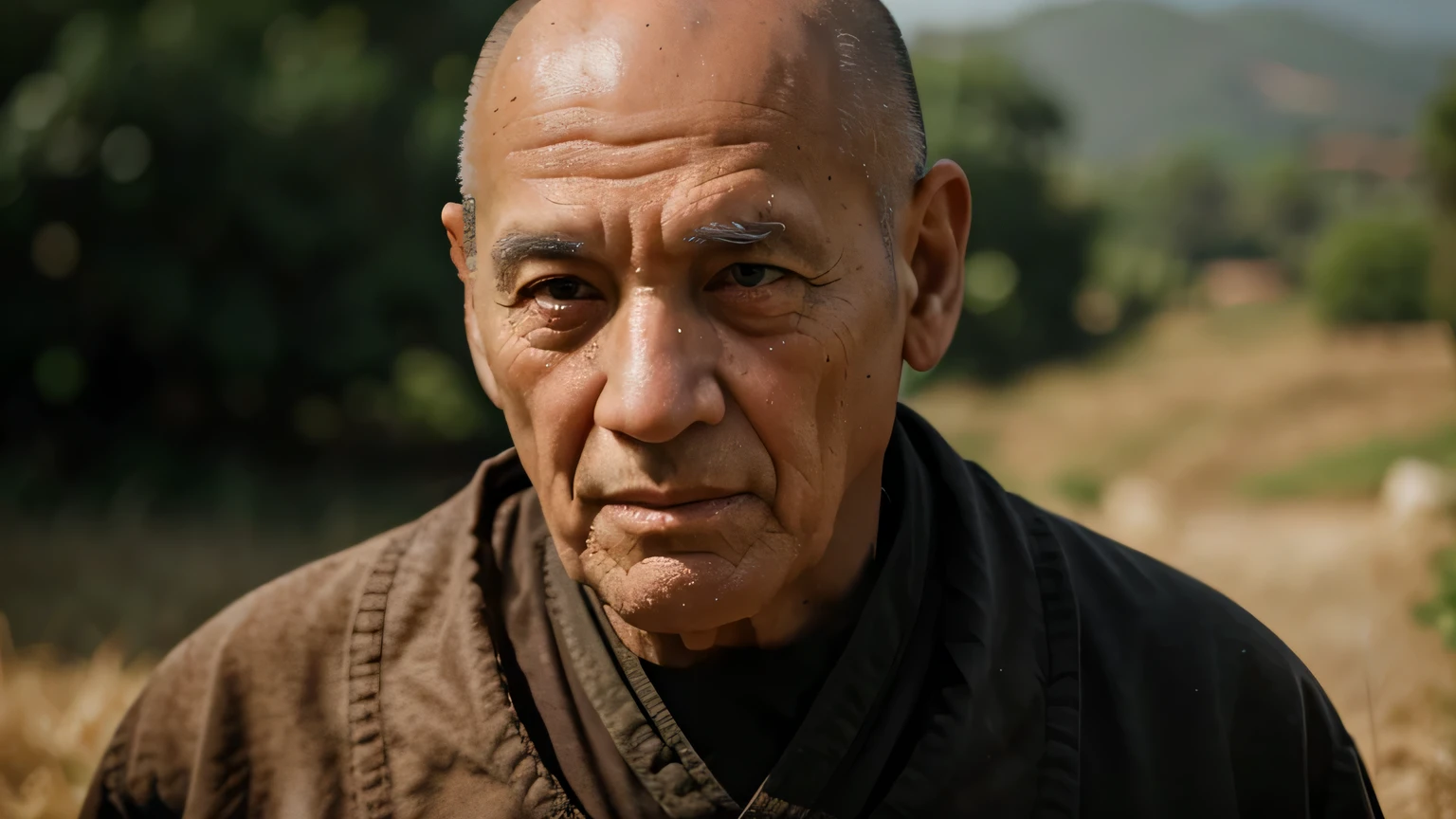 otima qualidade, hiper-realista, Imagem de um monge idoso, Velhote, com rugas, imagem de fundo um campo desfocado, cinematographic, 8k