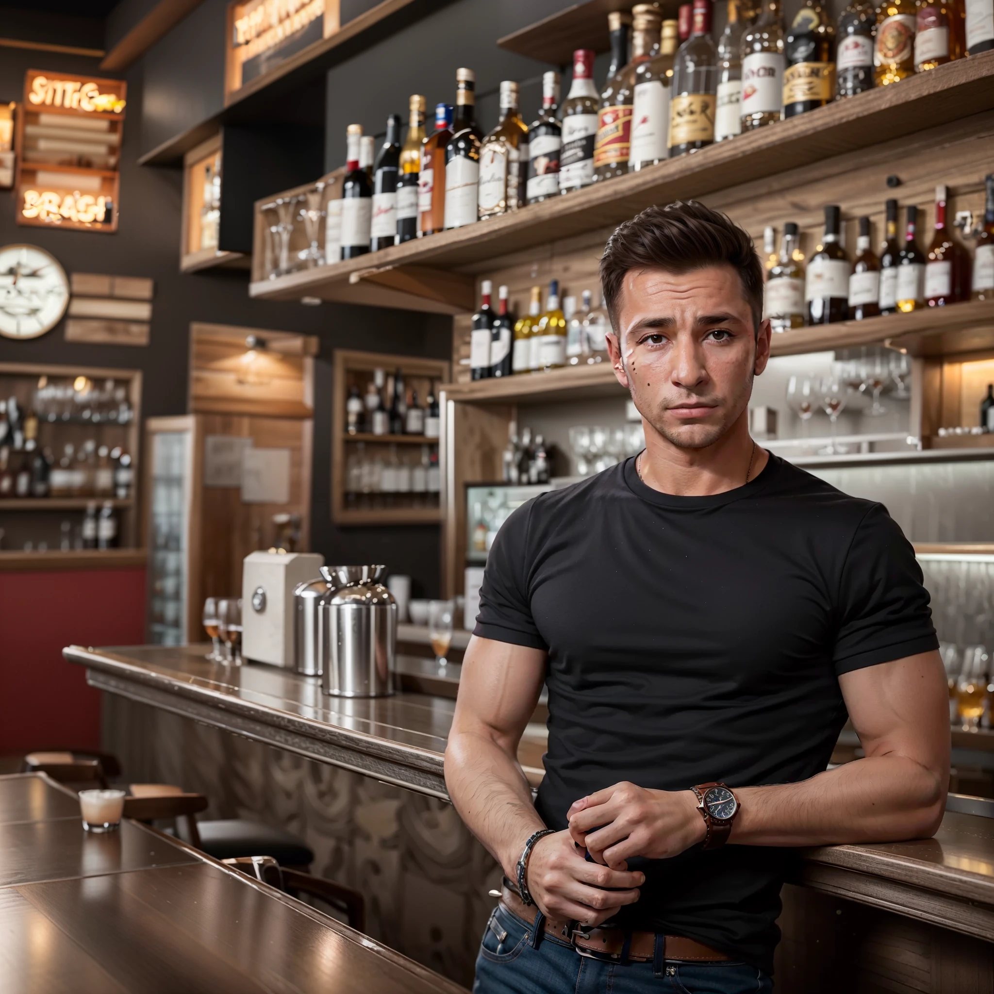 Arafed-Mann steht vor einer Bar mit einer Uhr im Hintergrund, in einem Restaurant stehen, In einer Bar, interessanter Hintergrund, Handsome man, in einer Bar, Attraktiver Mann, Barkeeper, junger Mann mit kurzen, handsome young man, attraktiver junger Mann, Sitzen an der Bar, Handsome man, Trinken an der Bar, an der Theke, kommerzielles Foto