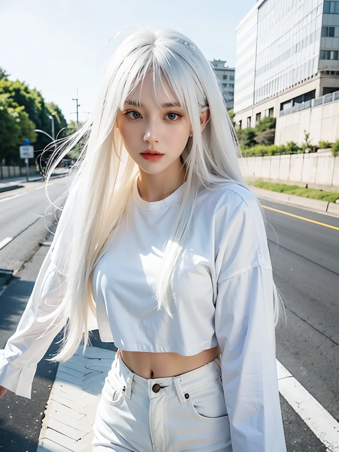 a woman with long white hair, white beautiful hair, long white hair and bangs, white hime cut hairstyle,on a black top,using denim pants,running on a road side.