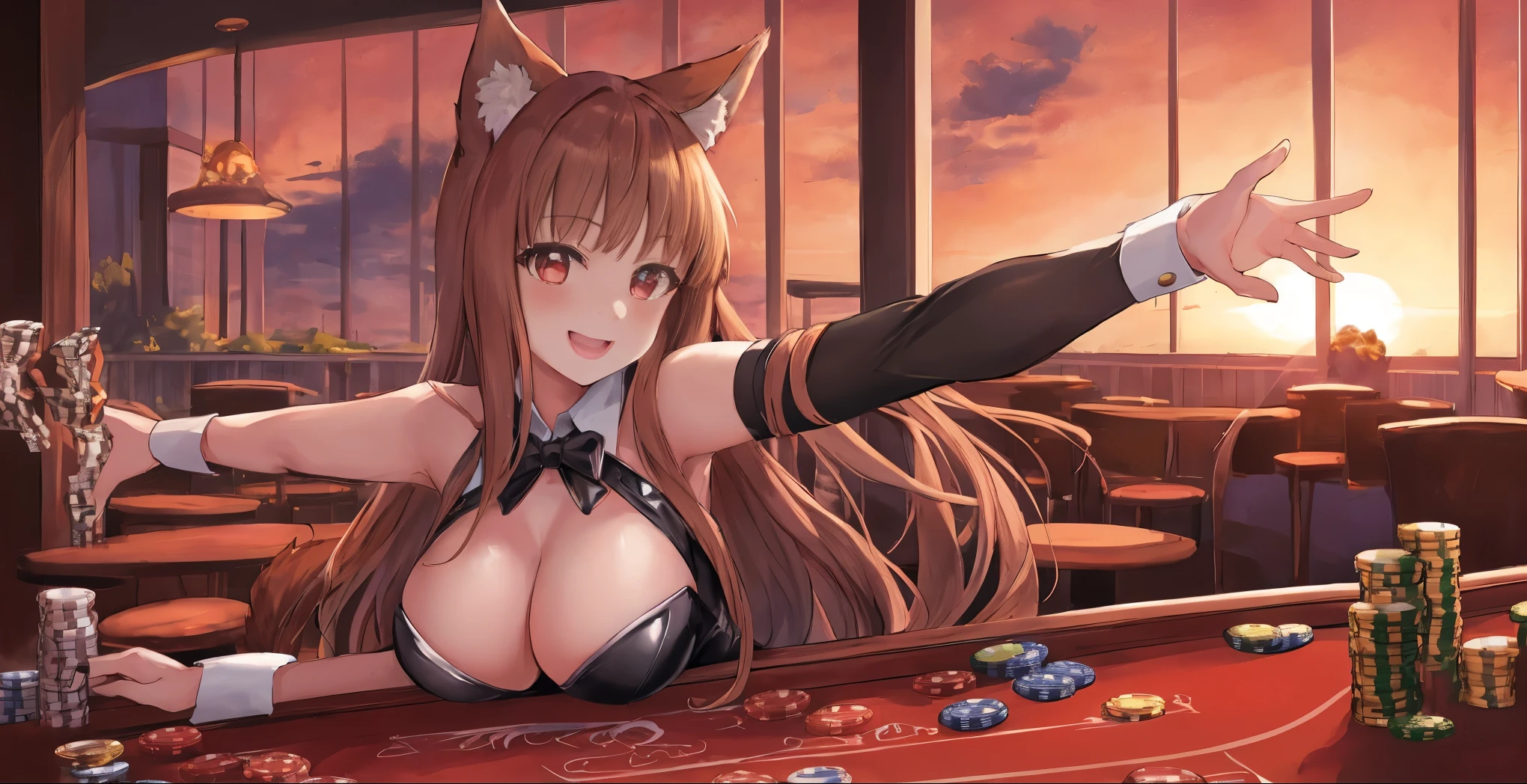masterpiece, best quality, (vibrant colors, hdr,) ((holo)), LARGE BREASTS, spice and wolf, 1girl, animal ears wolf ears, wolf girl, wolf tail, long hair, brown hair, smile, red eyes, slit pupils, pouch, casino, Casio table, outstretched arms, spread arms, extremely detailed reverse bunny suit sunset with hyperreallistic detailed Casio table , graphite \(medium\), sketch, smoke in background <lora:holoSpiceAndWolf_v3