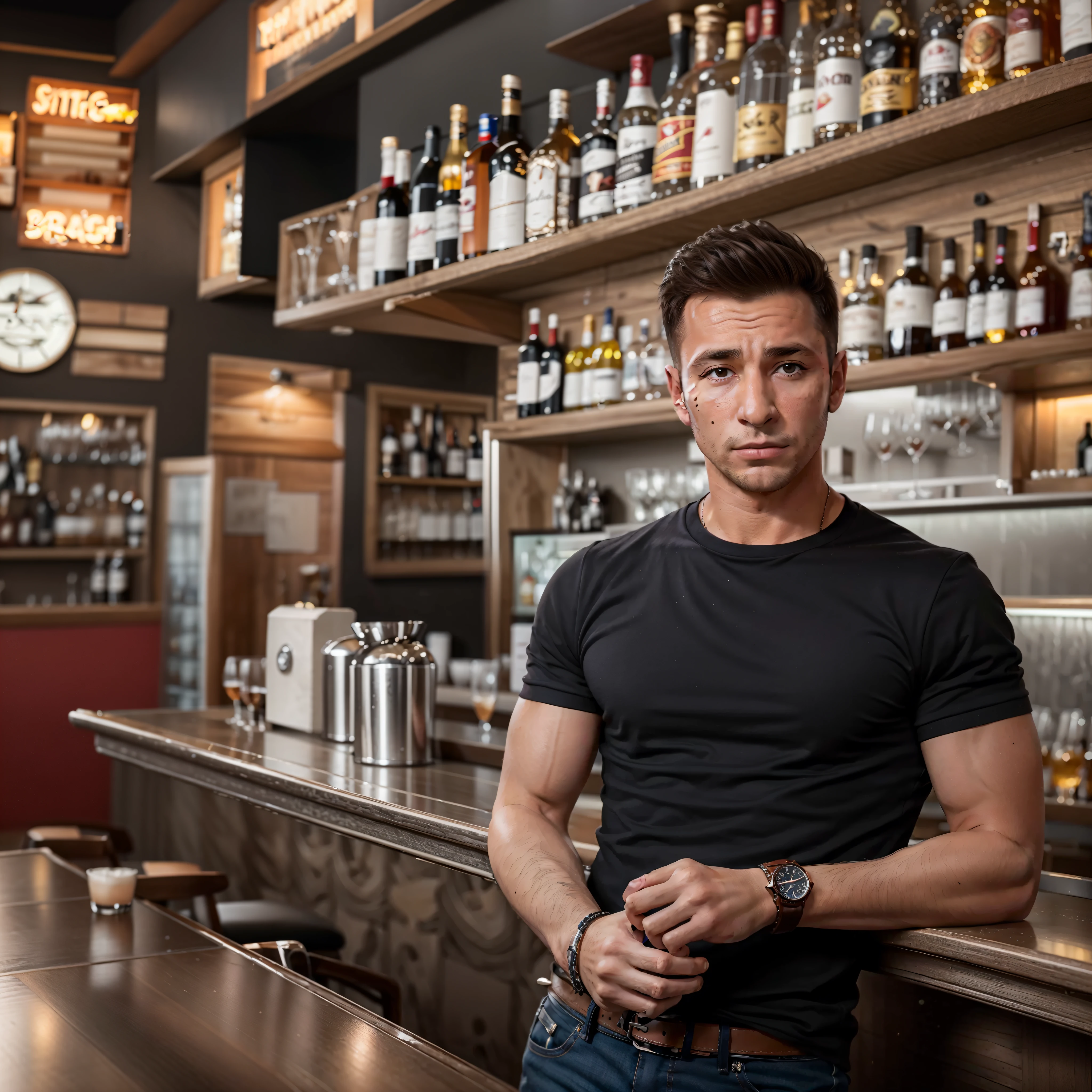 Arafed-Mann steht vor einer Bar mit einer Uhr im Hintergrund, in einem Restaurant stehen, In einer Bar, interessanter Hintergrund, Handsome man, in einer Bar, Attraktiver Mann, Barkeeper, junger Mann mit kurzen, handsome young man, attraktiver junger Mann, Sitzen an der Bar, Handsome man, Trinken an der Bar, an der Theke, kommerzielles Foto